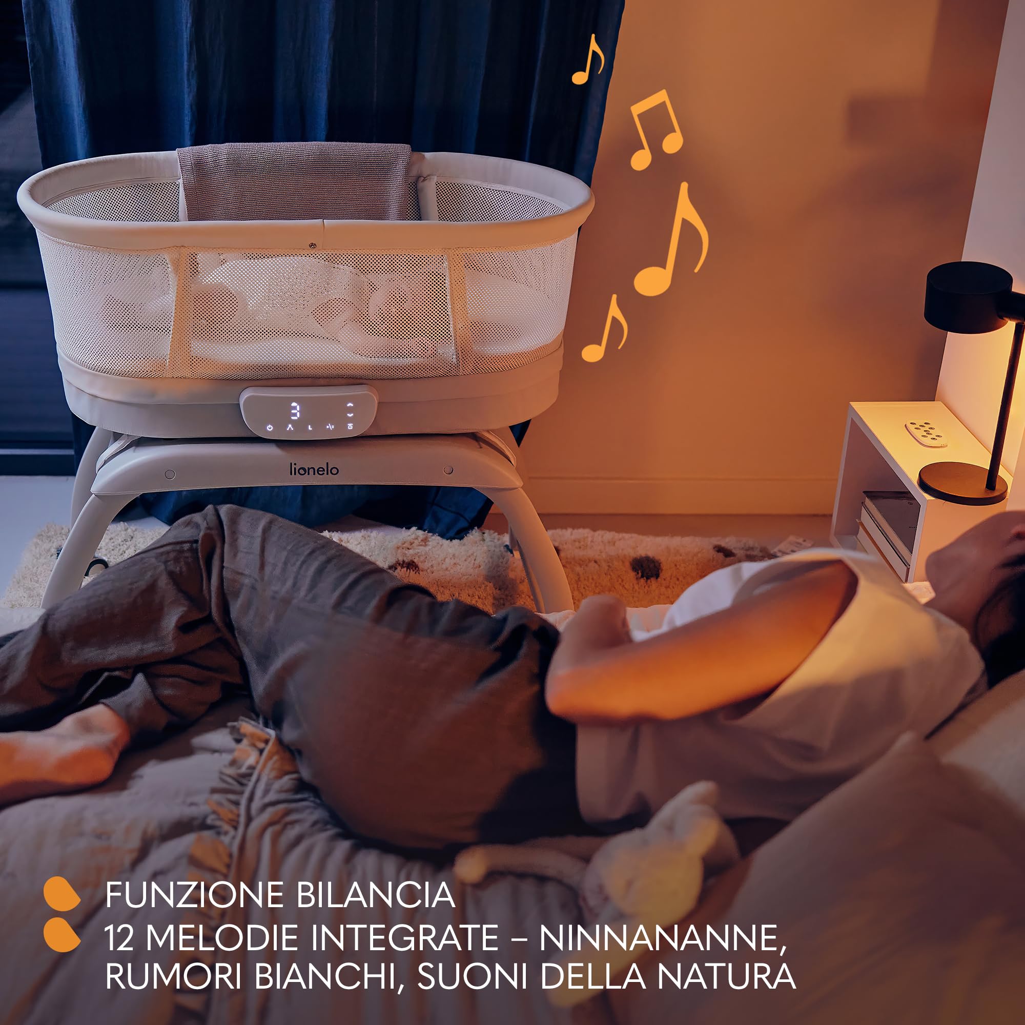 lionelo Lettino, Sdraietta dondolo e culla CORAL 3in1 per Neonati, 5 velocità di altalena, 12 melodie, 4 ruote, materasso ergonomico, timer, telecomando, zanzariera, fino a 9 kg