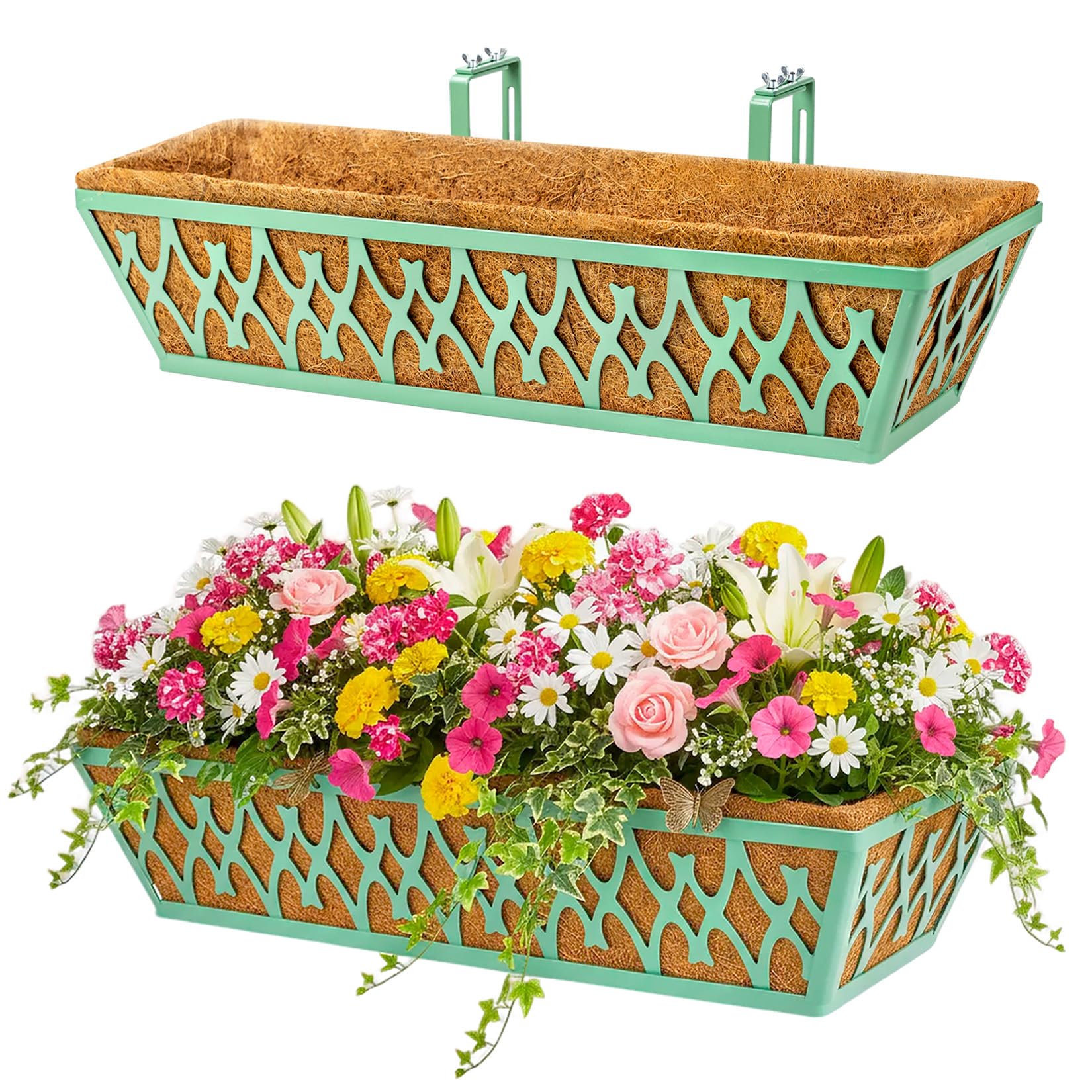 2 pack 24 inch window boxes planters railing planter box with adjustable brackets for porch fence patio balcony hanging flower baskets with coco liners for outdoor garden decor - green