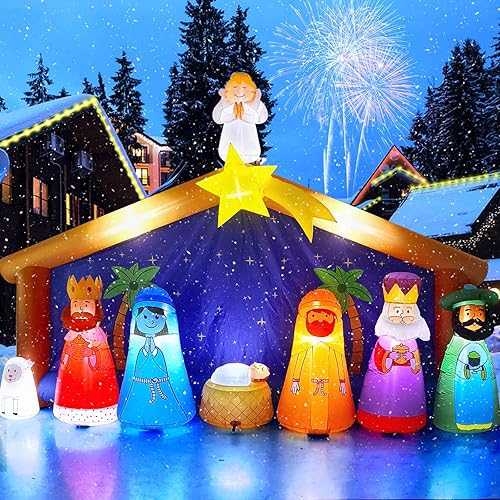 Kalolary Belén inflable de Navidad de 12.5 pies con luz LED, decoración de Navidad gigante al aire libre, belén inflable para vacaciones, familia,