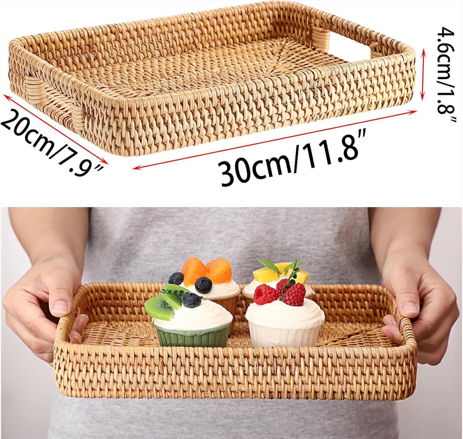 Bandeja decorativa de ratán con asas para servir bebidas, desayuno y té, ideal para decoración del hogar y exhibición de velas