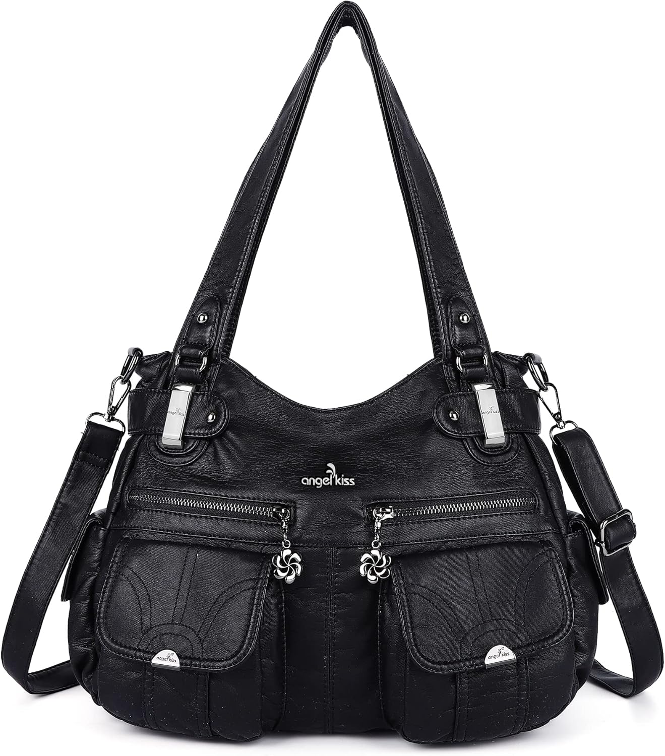 Angel Kiss Women's Designer Handbag Large Double Zipper Multi Pocket Washed Leather Purse