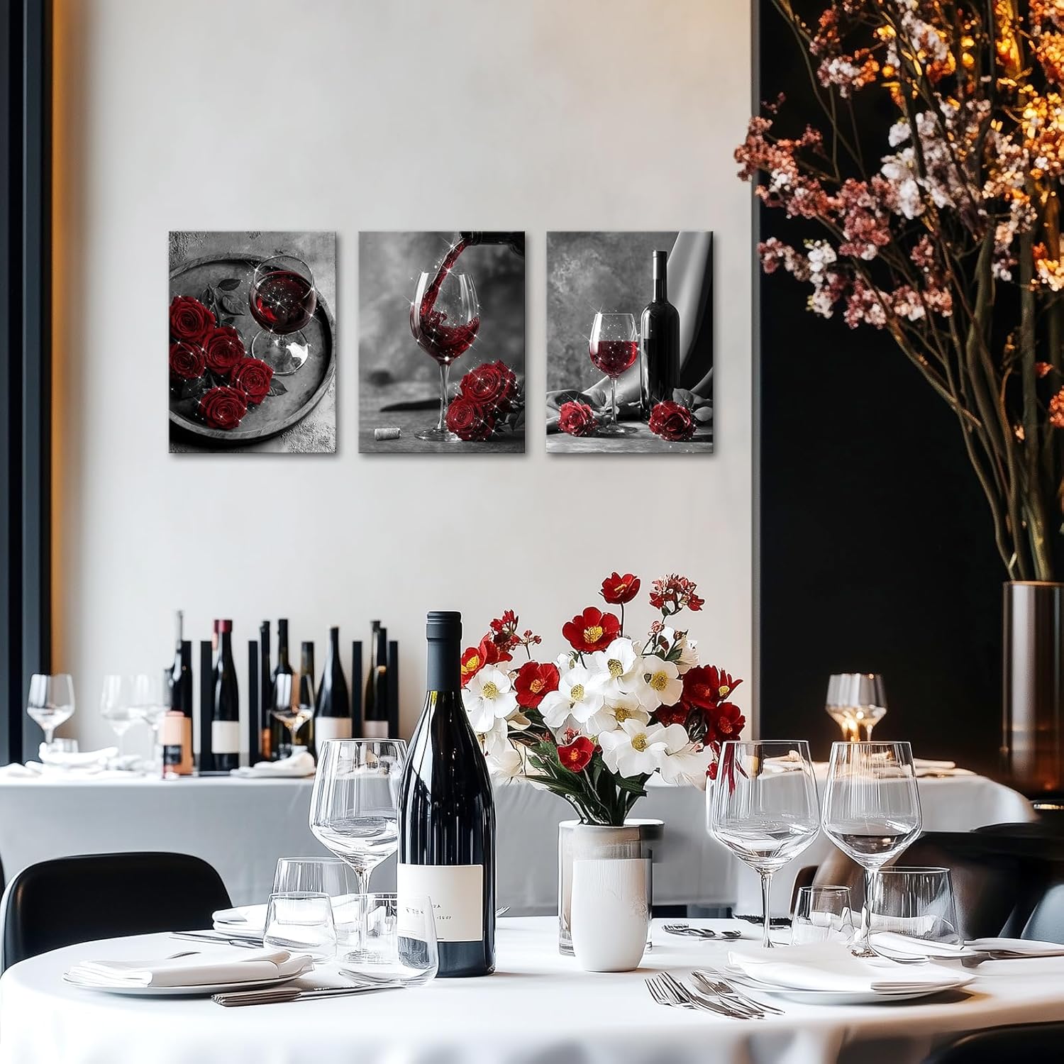 Visual Art Decor Kitchen Wall Art Rose Flower Wine Glass Painting Picture Poster for Dining Room Wall Decoration, Framed 12x16inchx3Pieces (Red)