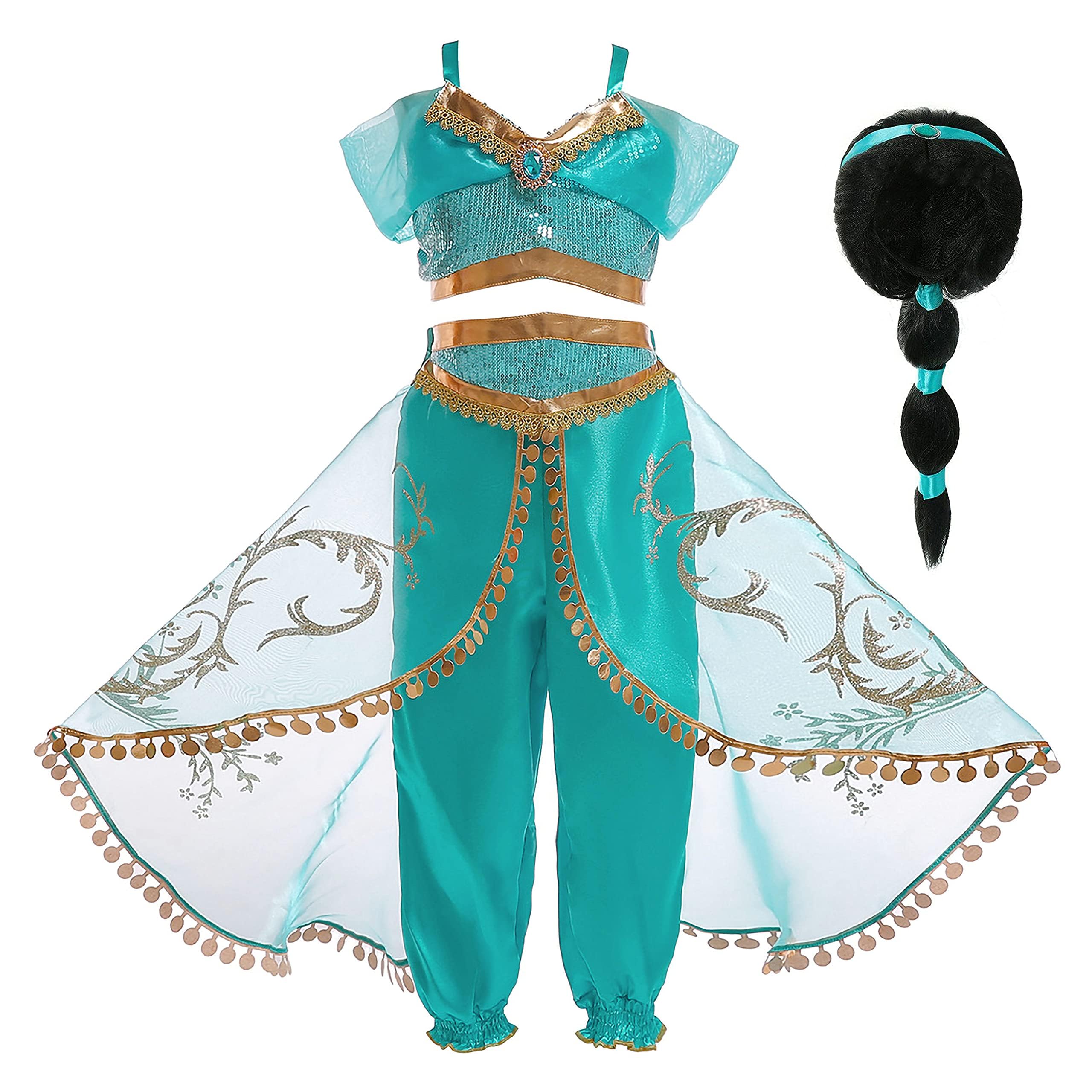 Monissy Niña Aladdin Princesa Jasmine Disfraz Tops Pantalones Manga Corta Traje Cosplay Actuación Carnaval Navidad Regalo Cumpleaños Danza Vientre Vestido de Princesa 3-10Años 110-150cm