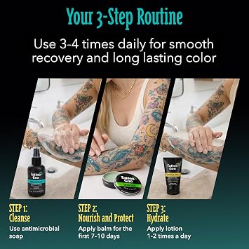 Tattoo Goo Tattoo Aftercare Kit, 3 Piece Set, Includes Antimicrobial Soap, Tattoo Balm & Healing Lotion, Main Vibrant Color & Glow, Complete Kit for Fresh Ink, Ongoing Ink Maintenance & Piercing Care