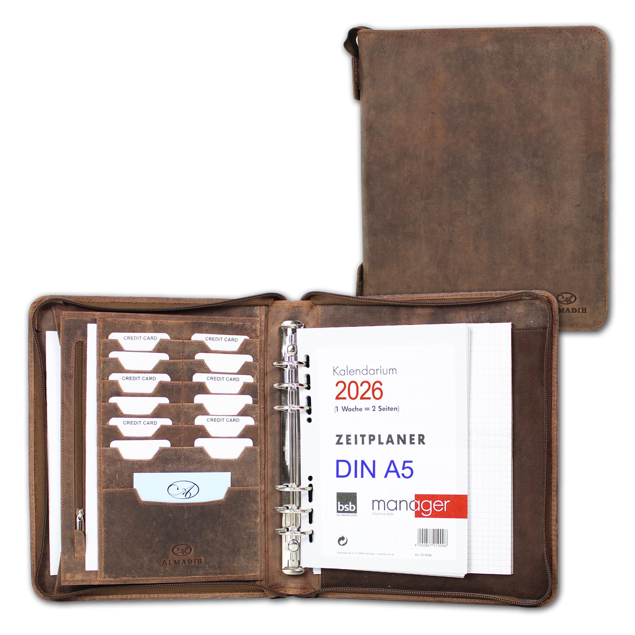 ALMADIH Leder A5 Organizer Reißverschluss + Kalender 2026 Schreibblock BV Premium Rindsleder Ledermappe Terminplaner Mappe Systemplaner Konferenzmappe Ringmechanik braun (A5 Organizer Vintage)