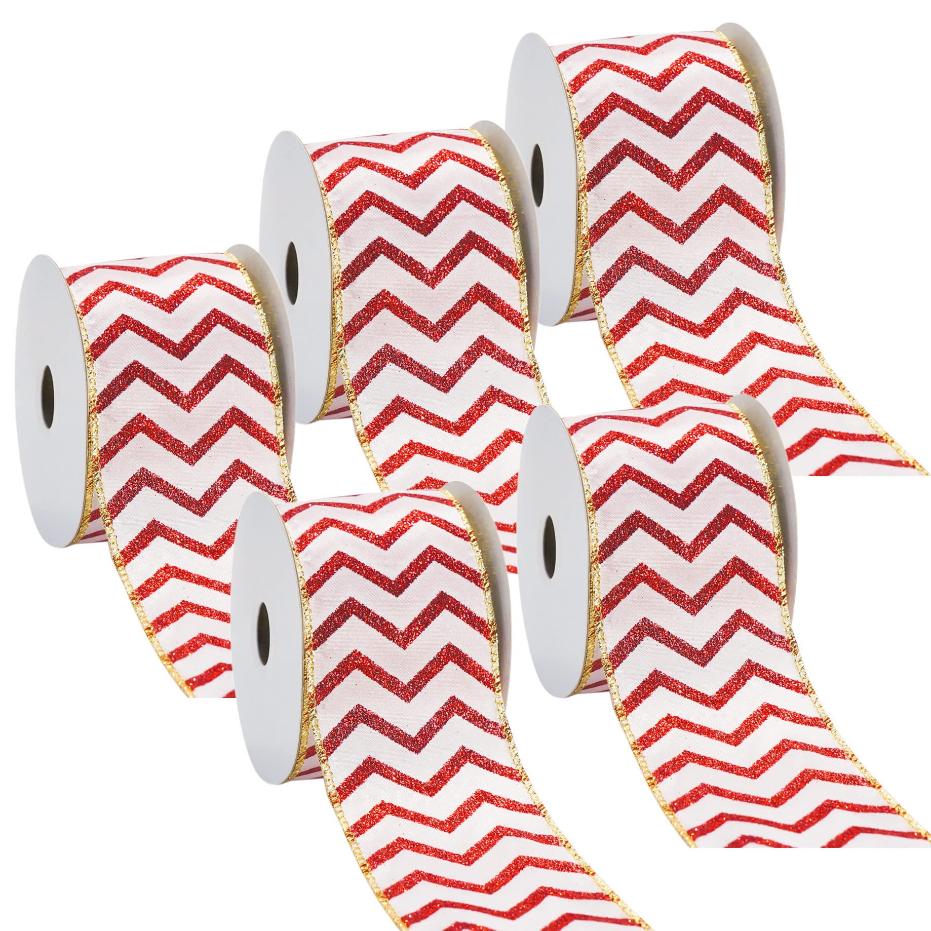 CT CRAFT LLC White Satin and Red Glitter Chevron Wired Ribbon with Gold Edge, 2.5" x 10 Yards x 5 Roll for Christmas, Home Decor, Gift Wrapping, Tree Topper Bow, Wreath, DIY Crafts