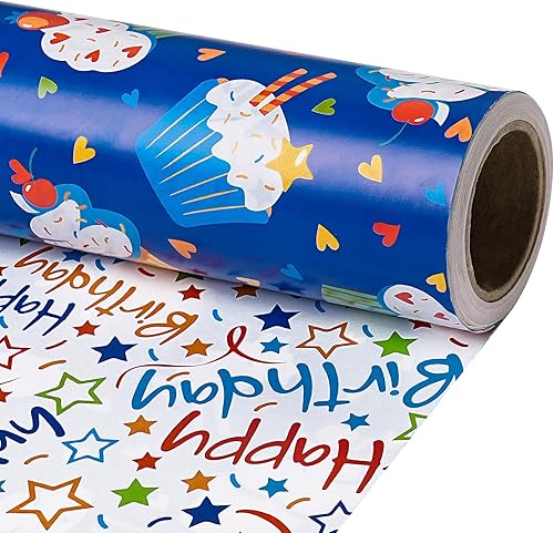 RUSPEPA Rollo de papel de regalo reversible de cumpleaños, mini rollo, diseño de cupcake azul y texto colorido feliz con estrellas, colorido y