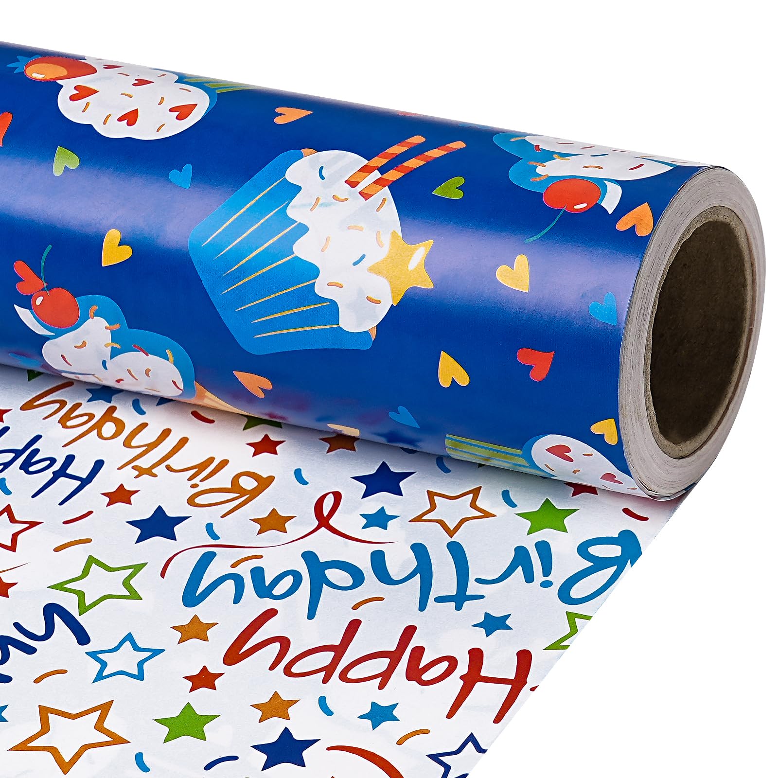 RUSPEPA Reversible Birthday Wrapping Paper Roll, Mini Roll, Blue Cupcake Design and Colorful Happy Text with Stars, Colorful Adorable Gift Wrap for Boys Girls Birthday Party, 43.2cm x 5m