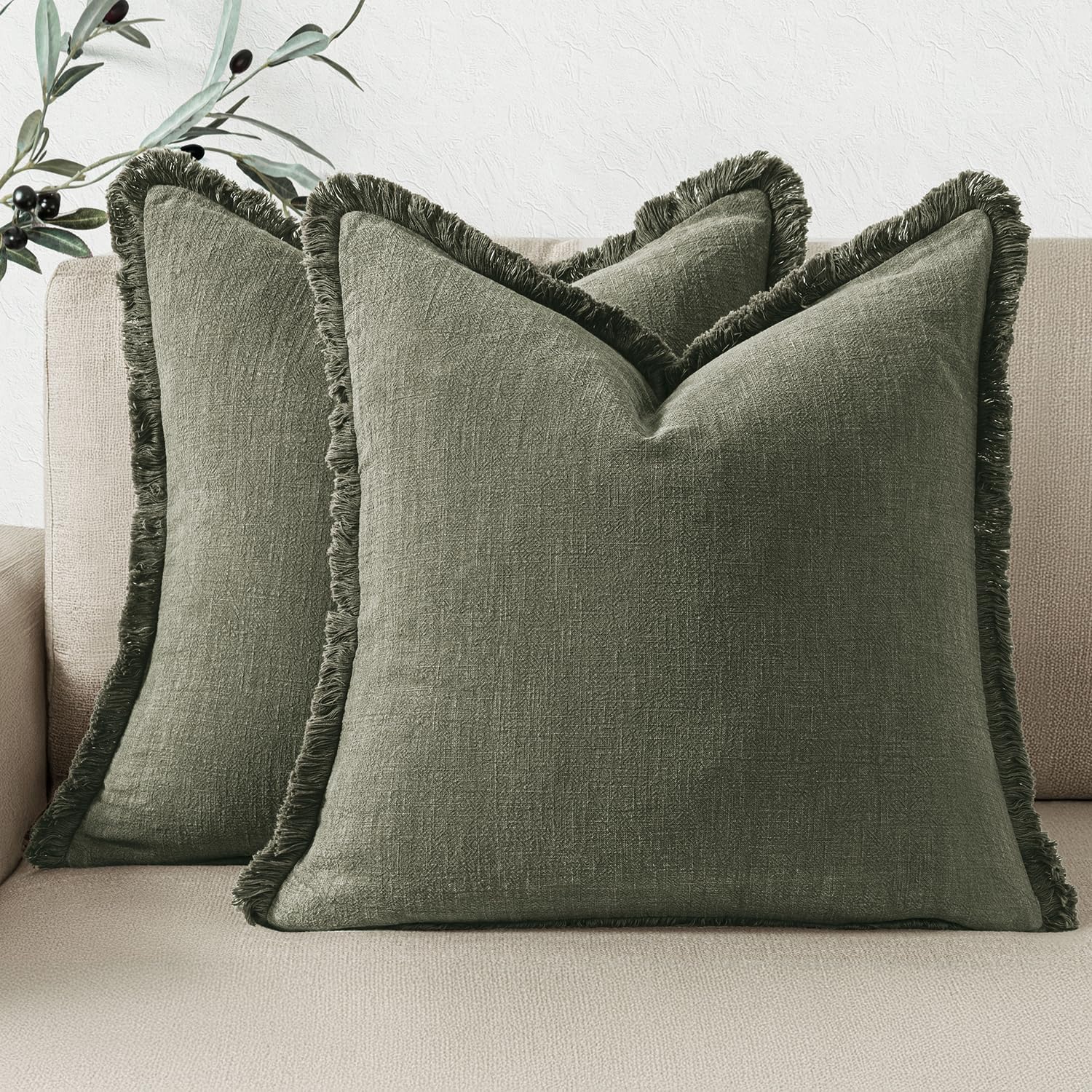 Woaboy Set of 2 Decorative Linen Fringe Throw Pillow Covers Boho Farmhouse Cushion Covers Accent Pillows with Tassels Christmas Home Decor for Livingroom Couch Sofa Bed,18x18 Inch,Light Olive Green 18" x 18" (Pack of 2) Light Olive Green