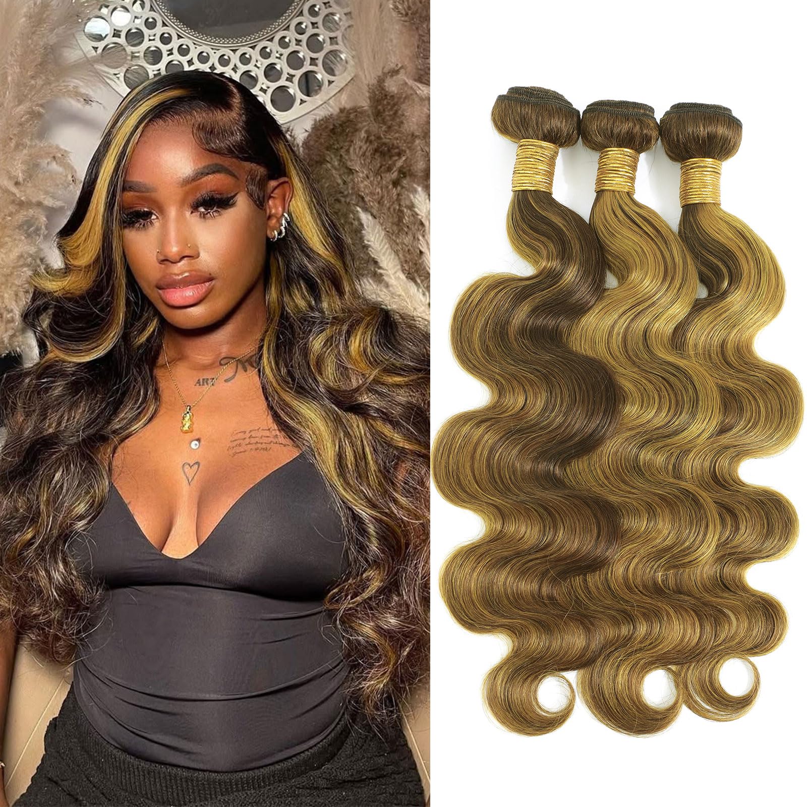 DSEKCAIN Highlight Yellow Golden Blonde On Chocolate Brown Color Body Wave Human Hair Bundles 100% Real Virgin Human Hair 3 Bundles Body Wave 12 14 16
