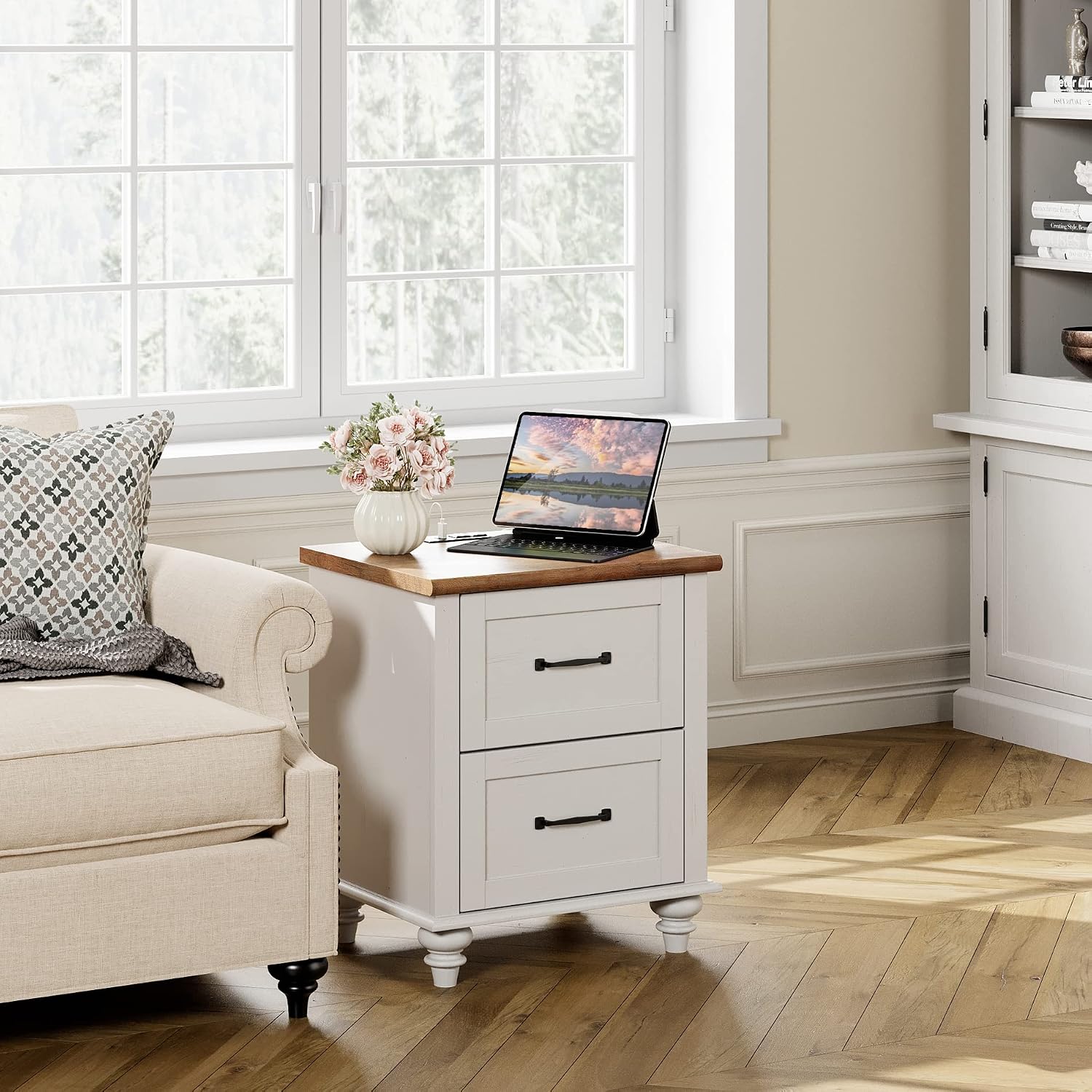 WAMPAT 2 Pack Nightstands with Charging Station, Set of 2 End Table with 2 Power Outlets & 2 USB Ports for Living Room, Antique Side Table with 2 Drawers for Bedroom, Off White