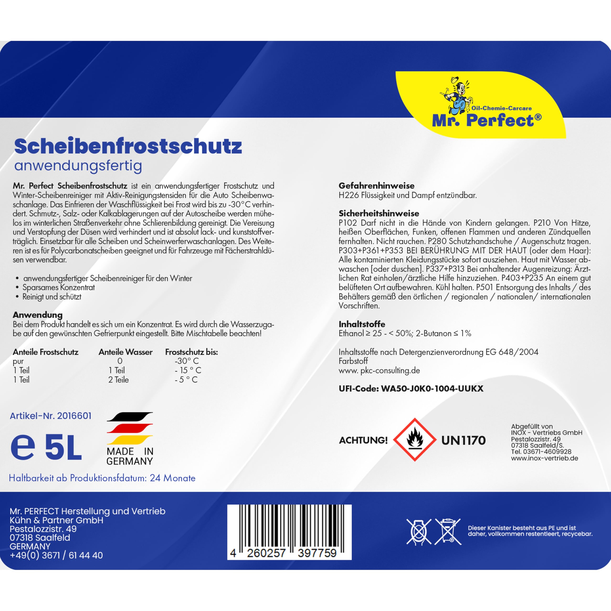 Mr. Perfect® 2x5L Scheibenfrostschutz anwendungsfertig - Frostschutzmittel für Auto Windschutzscheiben Frostschutz der Scheibenwaschanlage bis -30°C - schlierenfrei - Winter Scheibenwischwasser