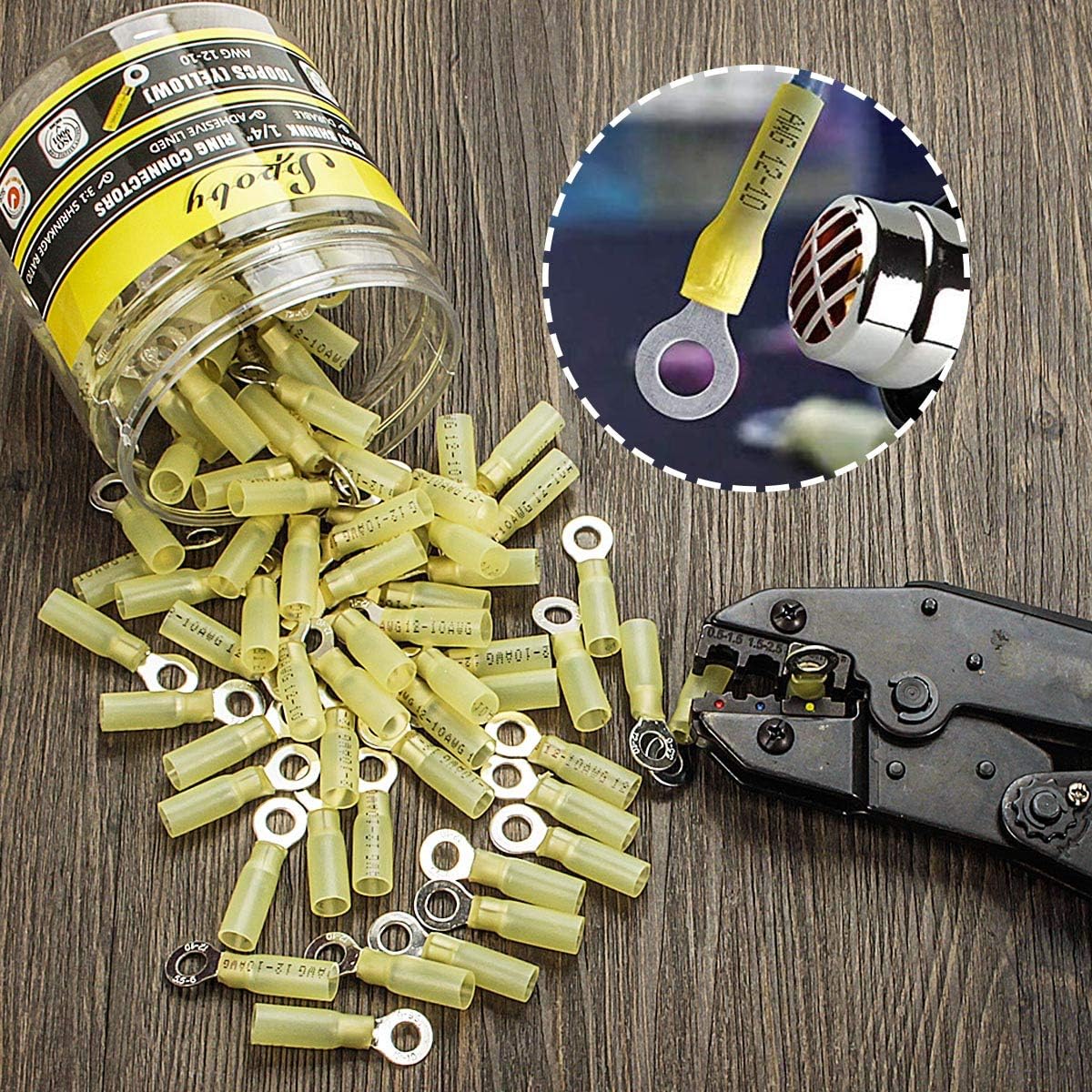 100PCS Ring Connectors 1/4" Yellow 12-10 AWG - Sopoby Heat Shrink Connector Kit Electrical Connectors - Automotive Marine Crimp Ring Connectors
