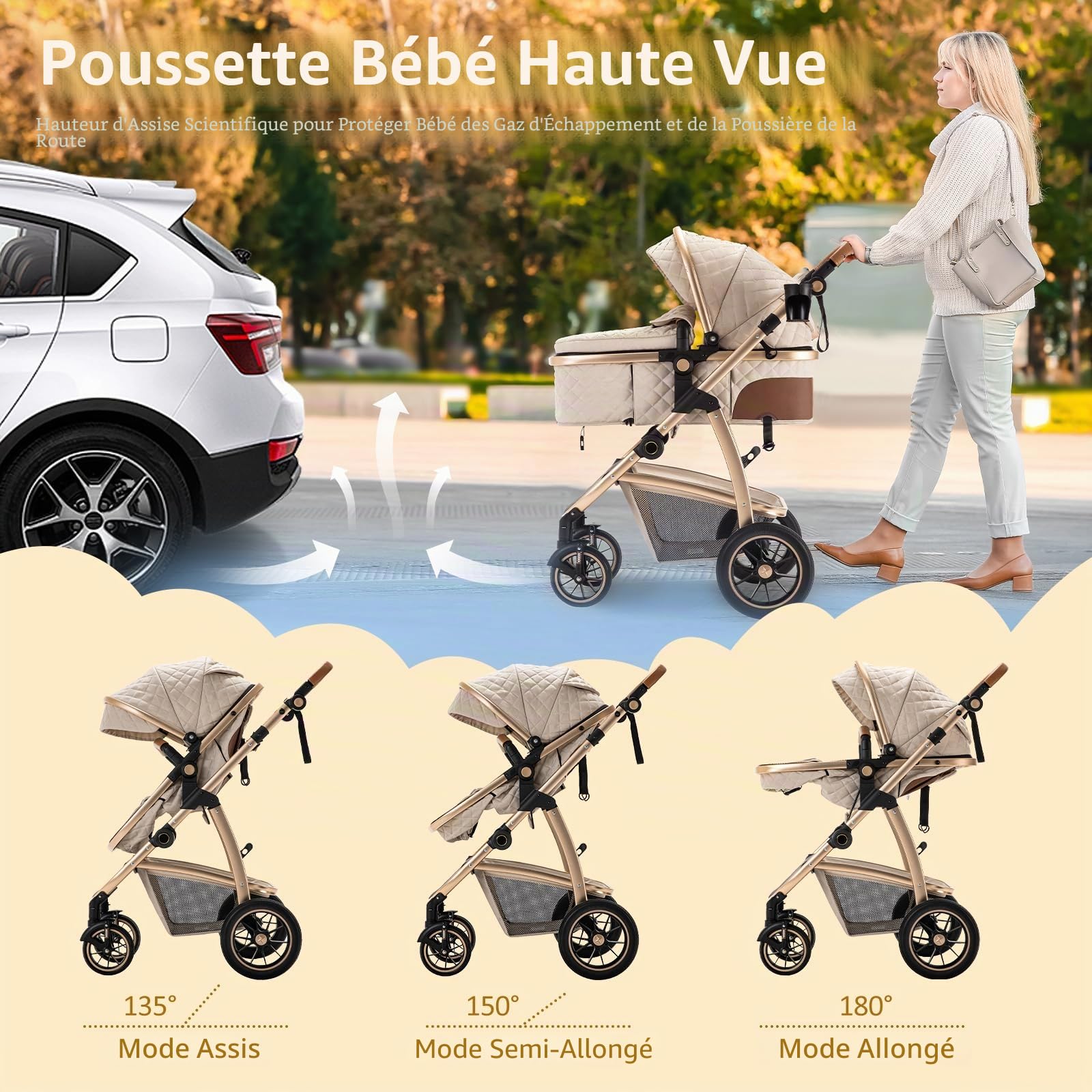 3 en 1 Poussette Combinée, Poussettes Citadines Avec ECE R129 Siège Auto, Poignée Réglable en Hauteur Poussette Bébé, Châssis en Aluminium Haute vue Poussette pour Nouveau (22KG, 0-4Ans)