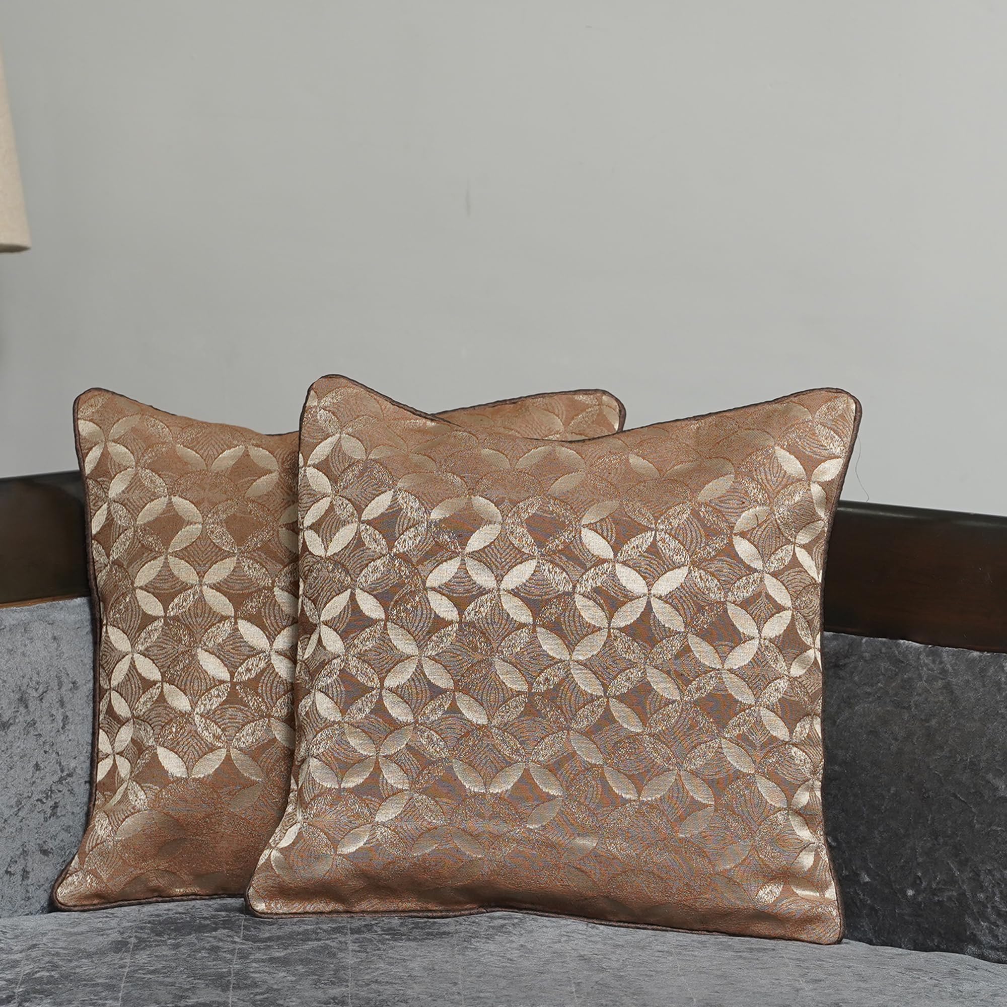 Luxurious Jacquard Decorative Cushion Covers, Champagne Floral Pattern, Premium Modern Design, 16x16 Inches, Set of 2 Pieces (Brown)
