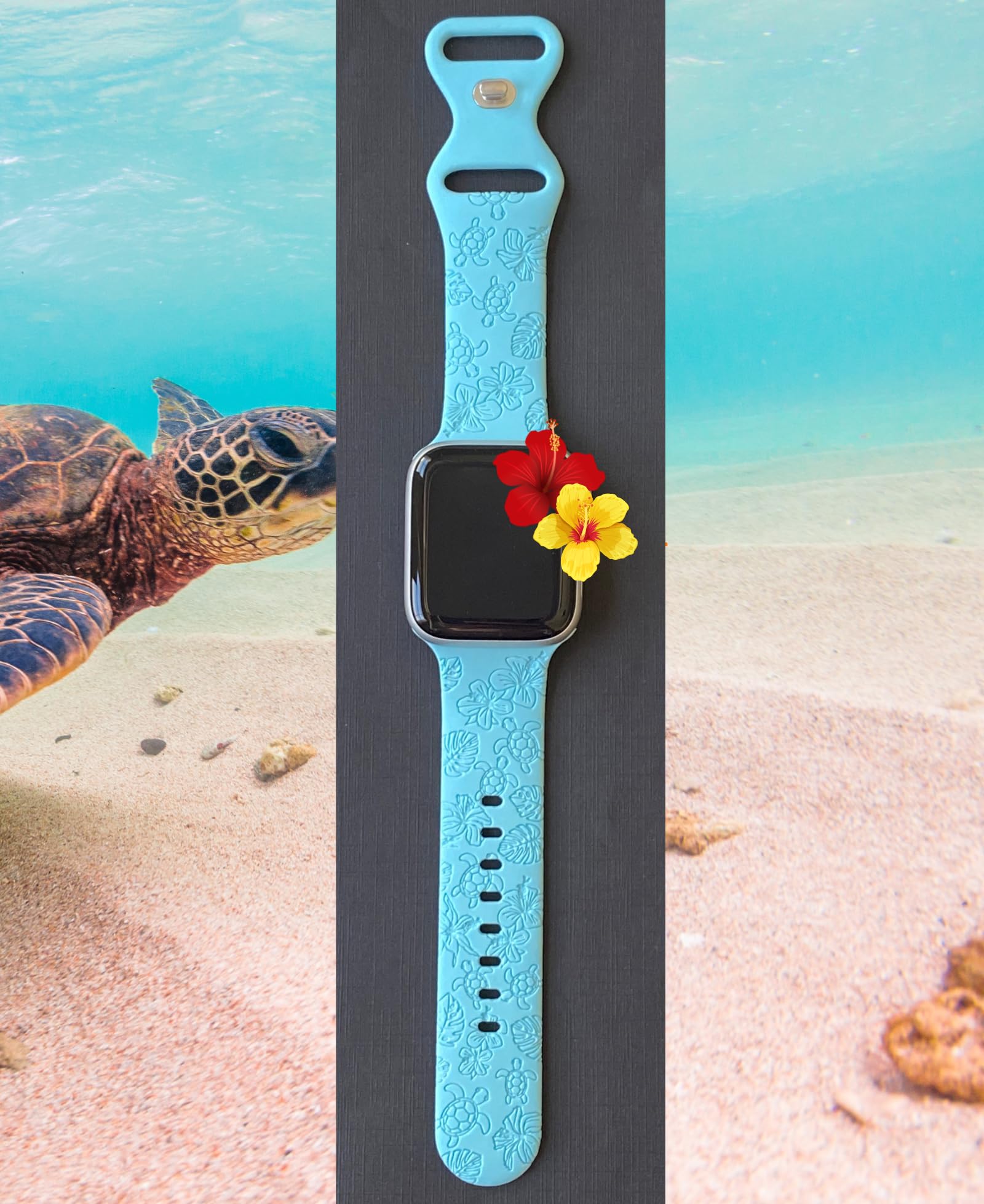 Maggiebands Engraved Turtle Watch Band Compatible with Apple Watch Bands 38mm 40mm 41mm 42mm 44mm 45mm 46mm Silicone Replacement for iWatch Series 10 9 8 7 6 5 4 3 2 1 SE, Hibiscus Turtle