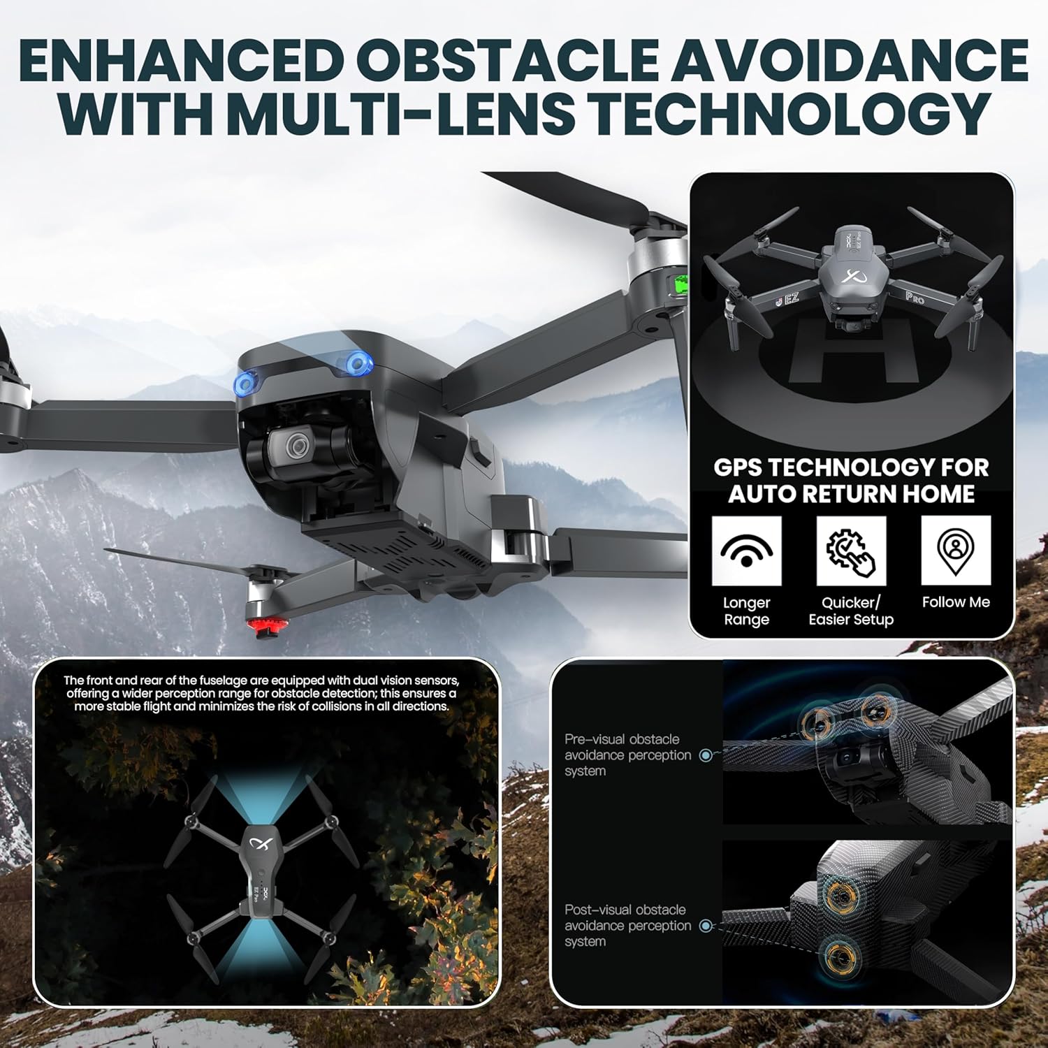 EZ Pro Drones with Camera for Adults 4K, Obstacle Avoidance, GPS Auto Return, 3-axis Gimbal, Follow Me Mode, Long Flight Time, FAA Remote ID