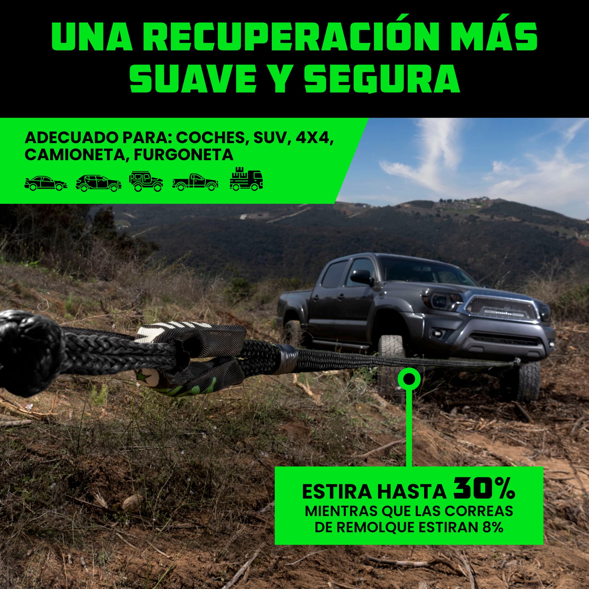 Rhino USA Cuerda Cinética para Remolque 13000kg - Cuerda de Remolque y Recuperación con 2X Grilletes - Correa de Rescate Todoterreno 2.2 cm x 9 m - para Todoterreno Quad UTV 4x4 - Negro