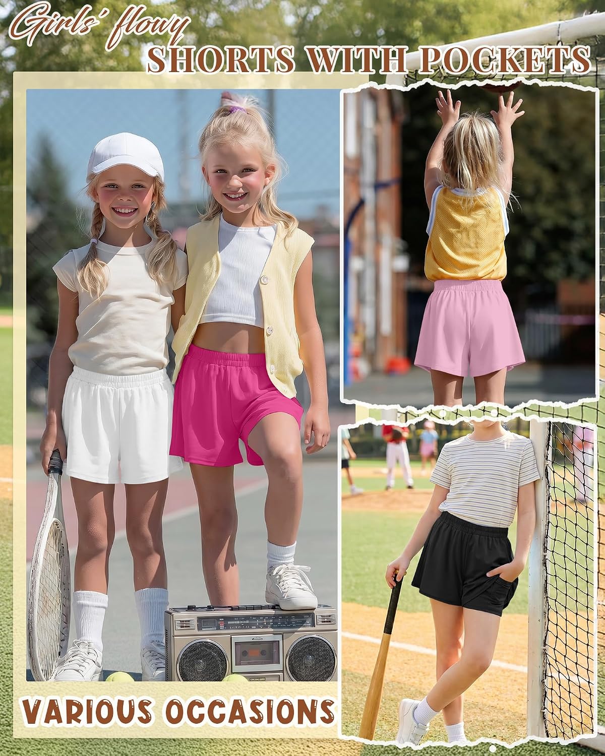 4 Pack Girls Butterfly Shorts 2 in 1 Flowy Athletic Skorts High Waist Elastic Running Kids Skirts with Pockets(7-8 Years,Rose Red, Light Pink, White, Black)