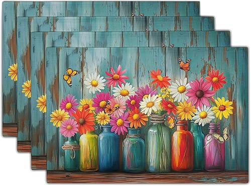 Miniatura 21 de Juego de 4 manteles individuales de primavera, diseño de pájaros azules, flores, flores, estación, primavera, floral, lavable, rústico, decoración