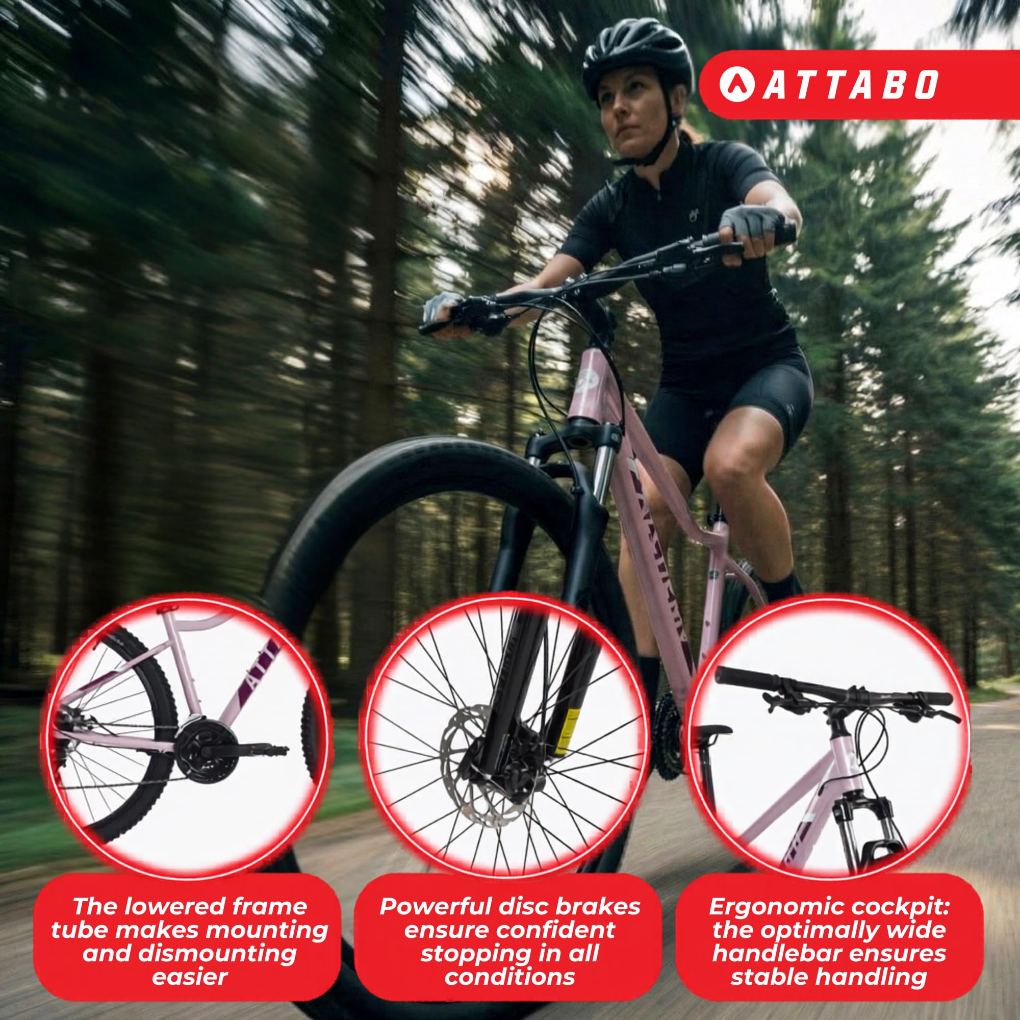 ATTABO Alpe 2.0 – damski rower górski z aluminiową ramą, widelec SR Suntour XCE, napęd Shimano 3 x 8 (24 biegi), hamulce tarczowe TEKTRO, z akcesoriami (klucze, dzwonek, reflektory)