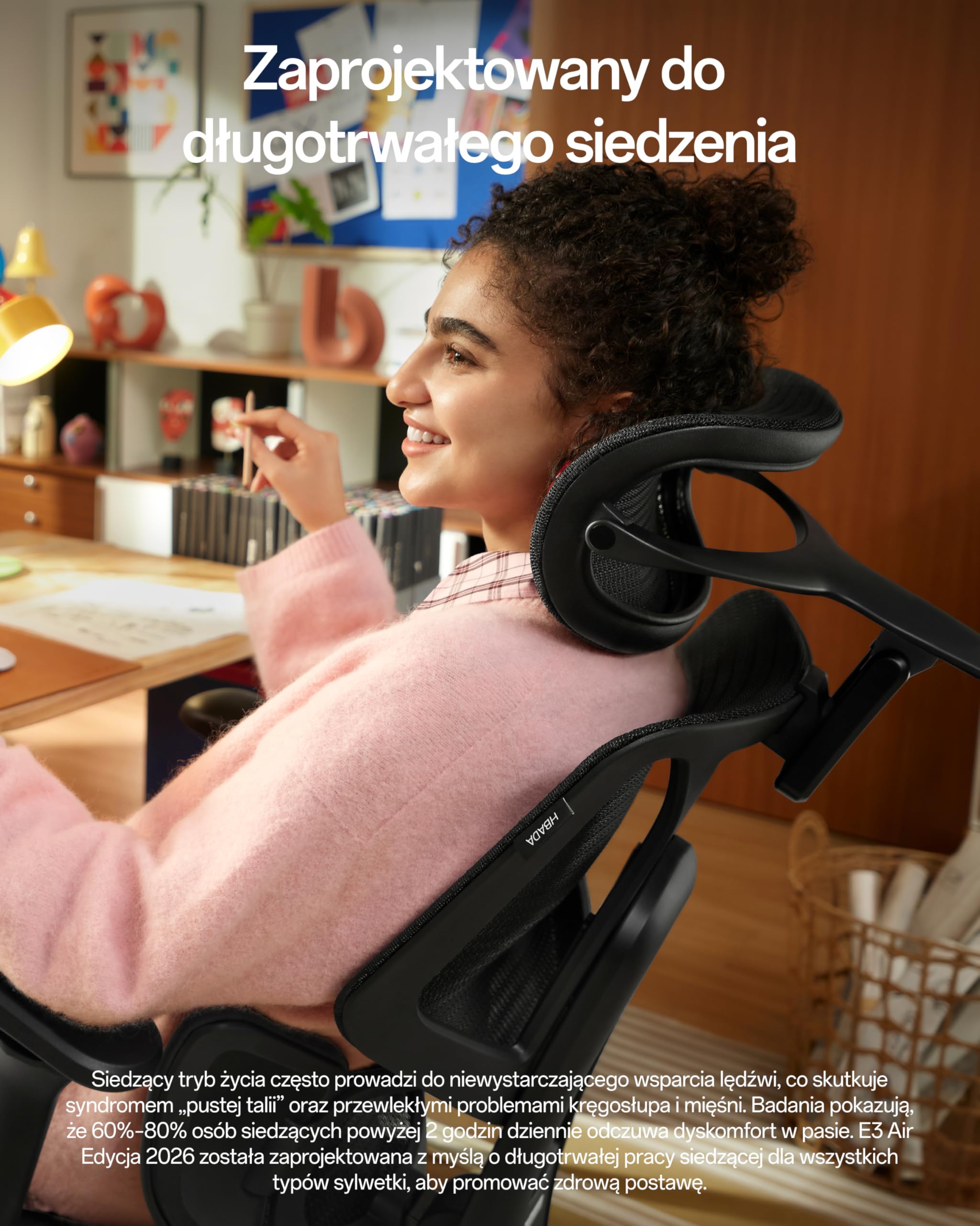 Hbada E3 Air Edycja 2026 Ergonomiczne Krzesło Biurowe, 3-strefowe Wsparcie Lędźwiowe, Wygodny Fotel, Automatyczne Dopasowanie do Wagi, Zagłówek i Podłokietniki 4D, Nachylenie 140°, Czarne, Podnóżek