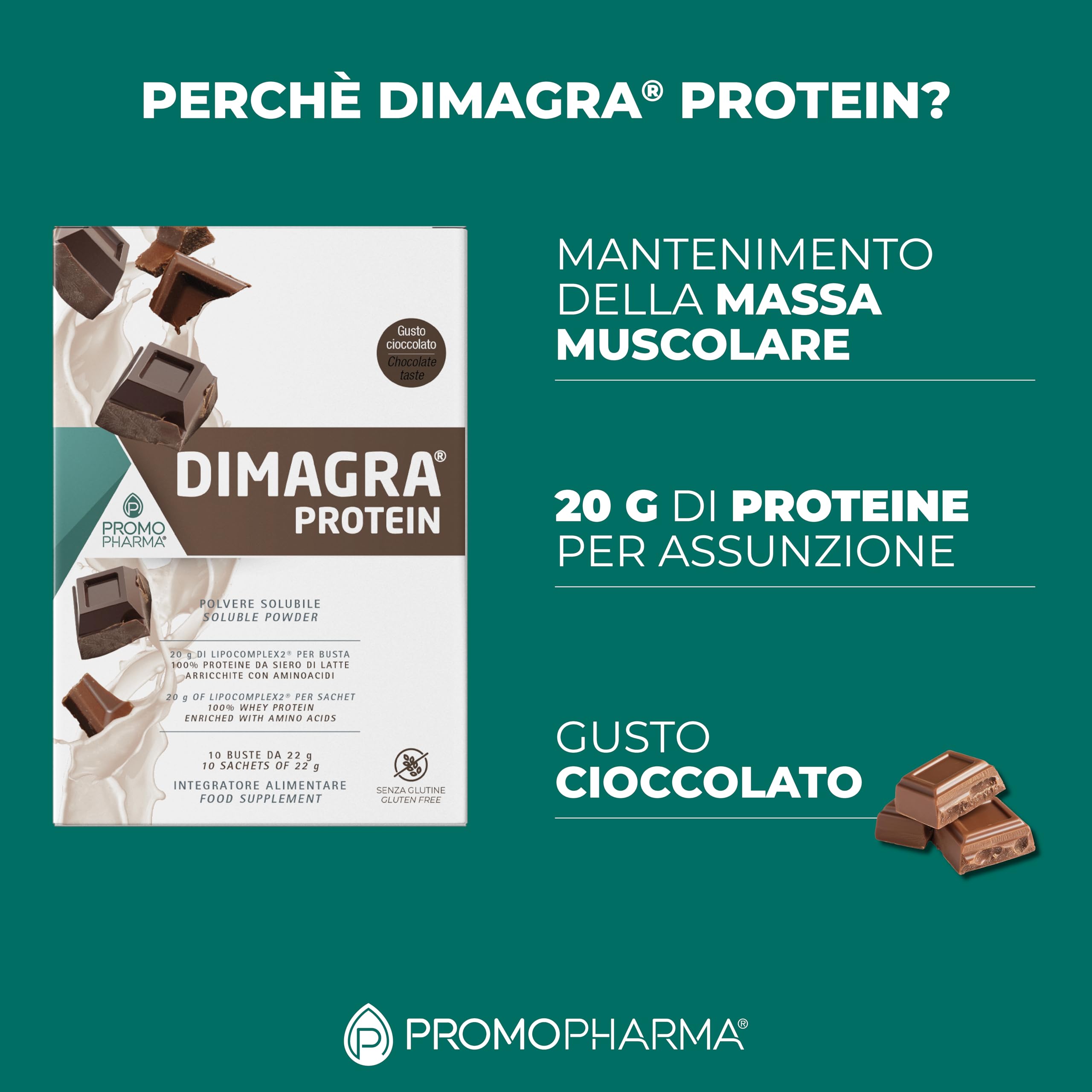 Dimagra Protein - Integratore Proteico per Dieta Chetogenica - Proteine in Polvere - Gusto Cioccolato - 10 buste da 22 g
