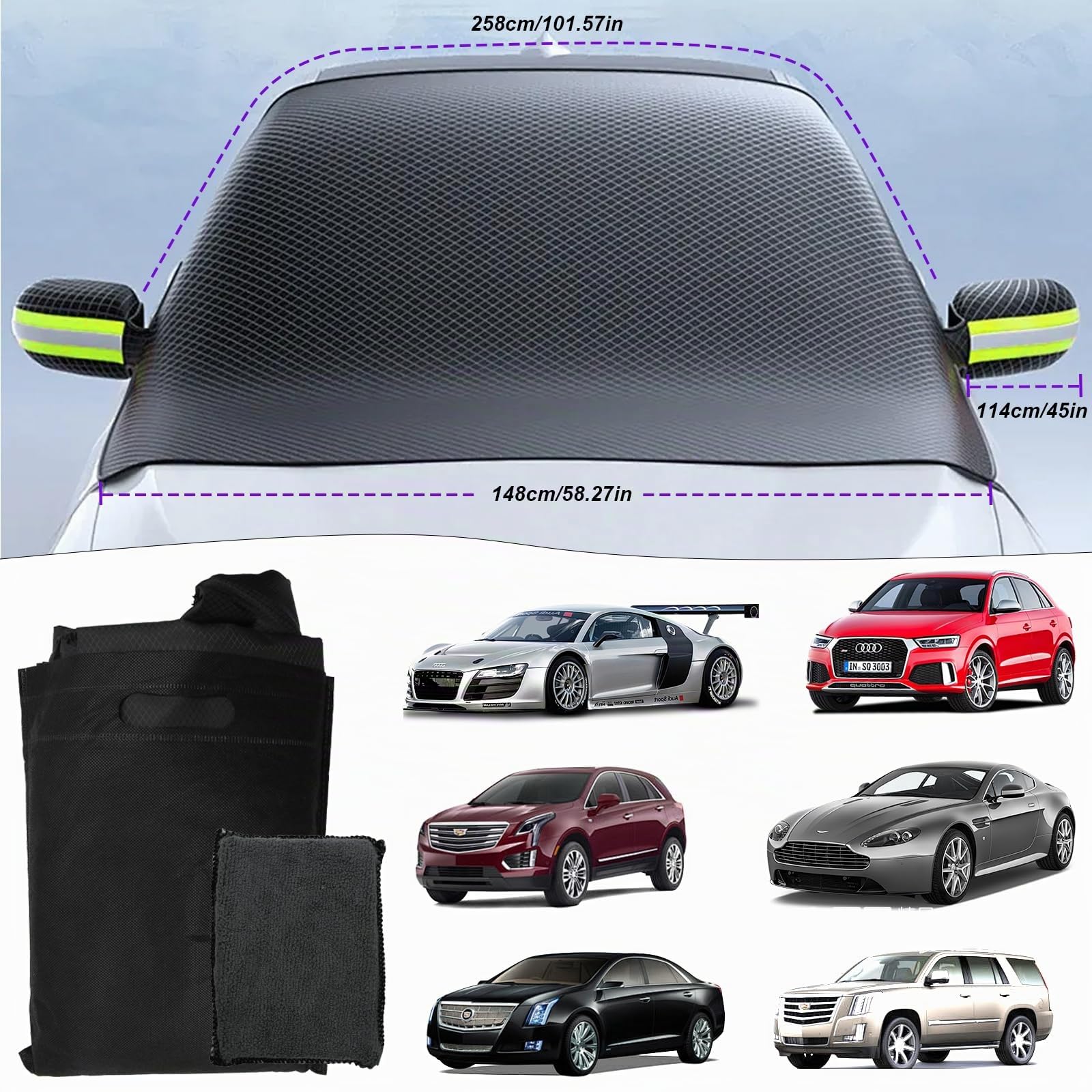 Protege Pare Brise Givre Universelle, Repliable Protection Pare Brise Hiver, Résistant Aux Rayures Pare Soleil Voiture pour Plupart des Véhicules Anti Givre, Glace, Pluie, UV (258*148*114cm)