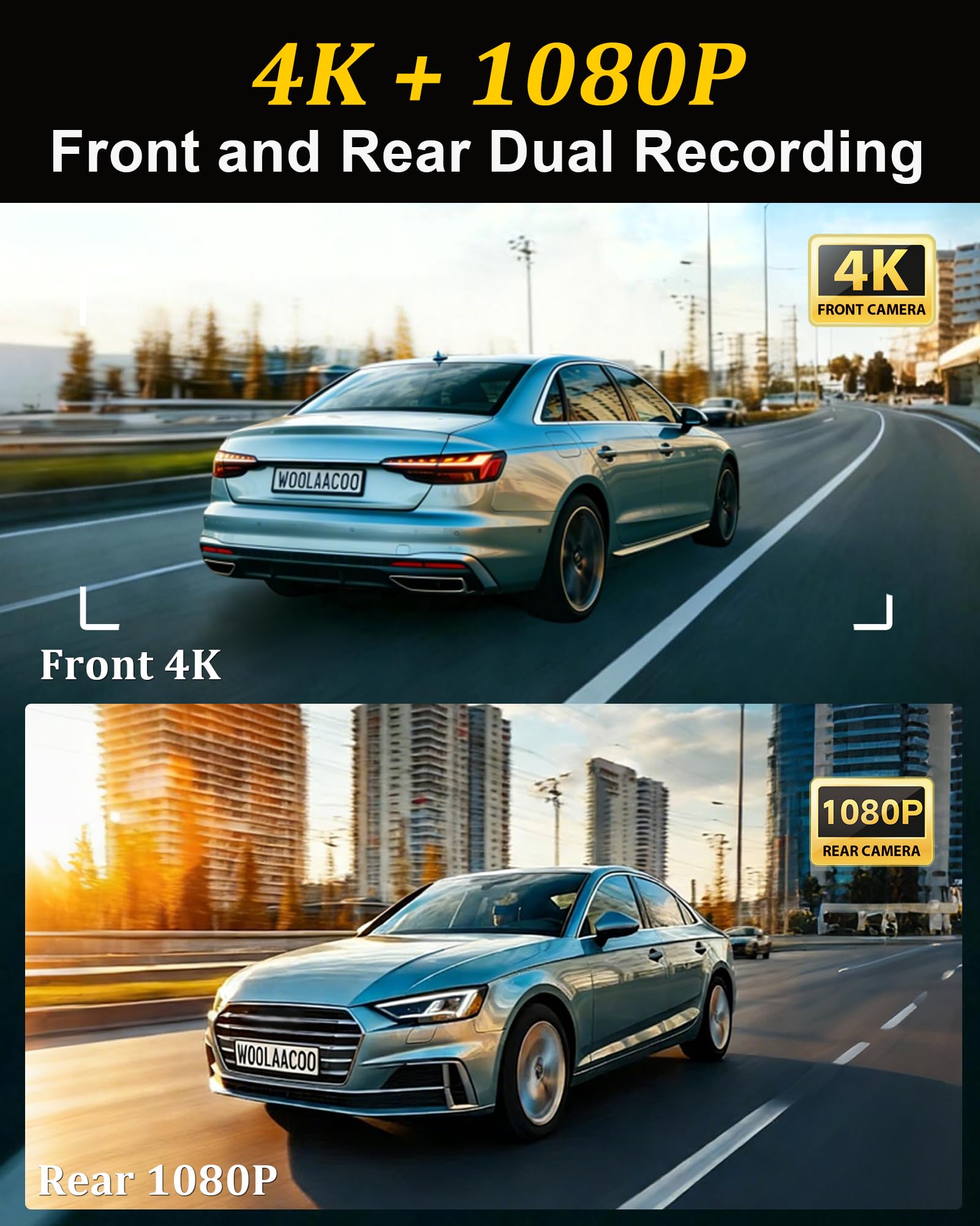 Dash Cam Front and Rear 4K+1080P, 5GHz WiFi, Dual Dashcam with 64GB Card, App Control, G-Sensor Emergency Recording, Loop Recording, 24H Parking Mode Supports, Dash Camera for Cars — view 2