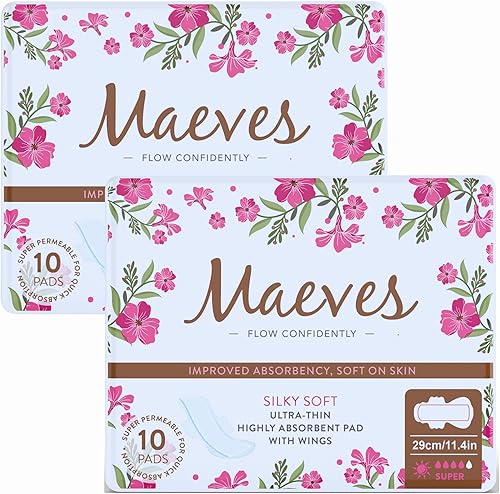 Maeves Almohadillas ultra delgadas, sin perfume, para el cuidado femenino, gran absorción, largas, grandes, súper almohadillas para período,