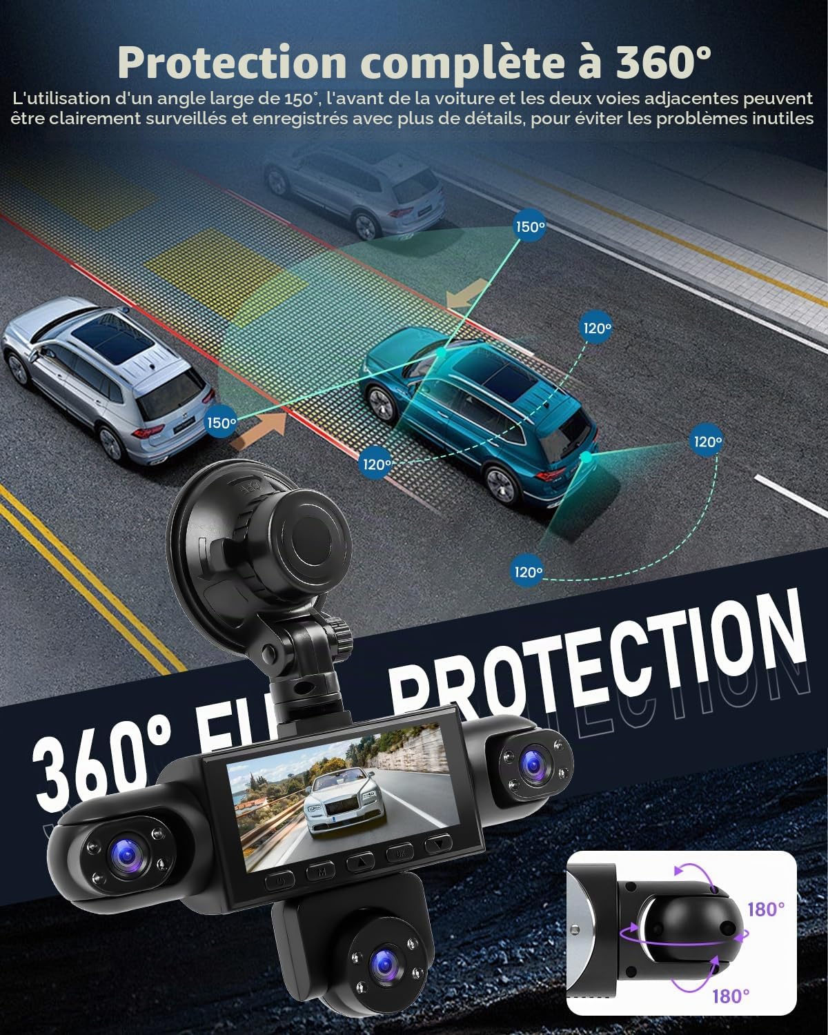NHOPEEW Dashcam 5 Canaux 360° avec Enregistrement en Boucle