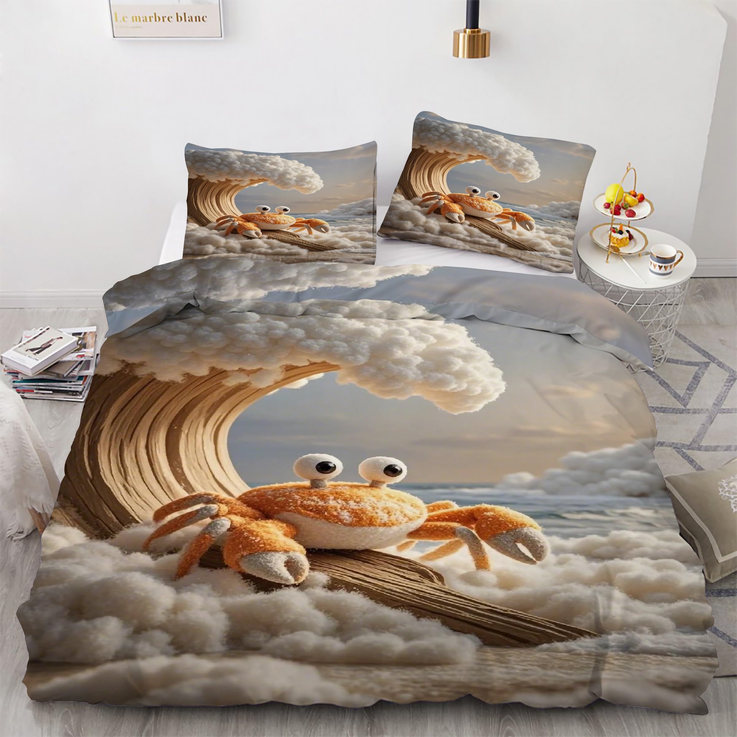 Parure de lit 90x190 crabe avec housse de couette en microfibre marine et 2 taies d'oreiller