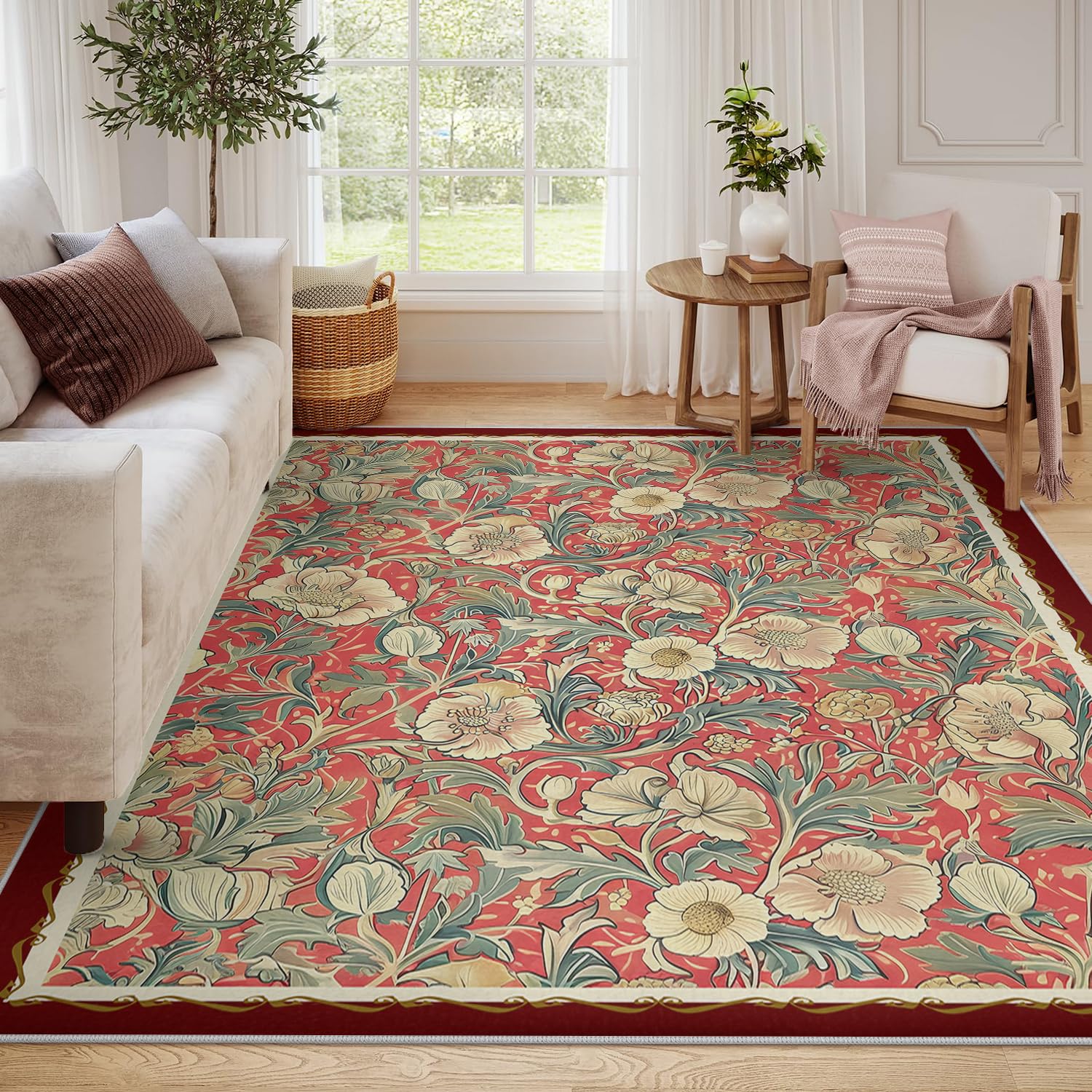 Tapis de salon rouge bohème pour une ambiance fleurie