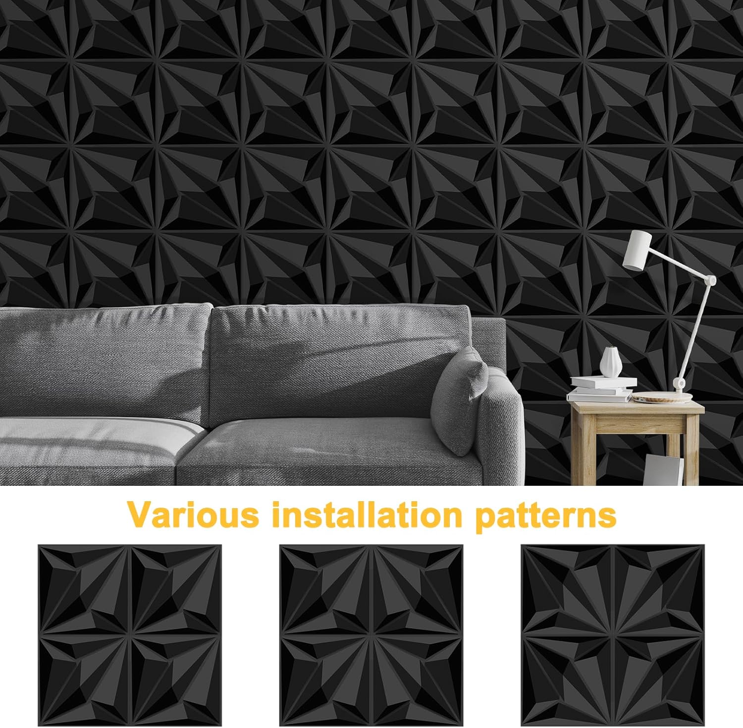 33-Pack 3D Wall Panels Black for Interior Wall Decor, Waterproof PVC Diamond Texture Accent Wall Panels for Gaming Room Living Room Bedroom Office, 12"x12" Matte Black Geometric Wall Tiles