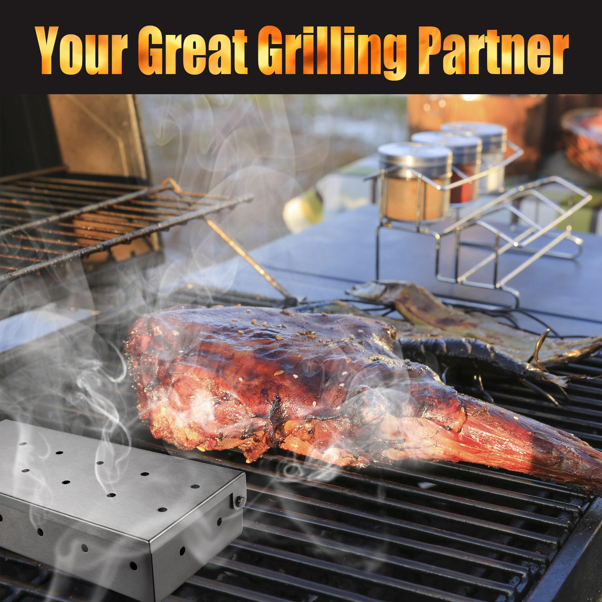 Caja de ahumador de parrilla para asar a gas y todas las parrillas, caja de ahumador de virutas de madera de acero inoxidable más gruesa, caja de ahumar, accesorios para parrilla al aire 5