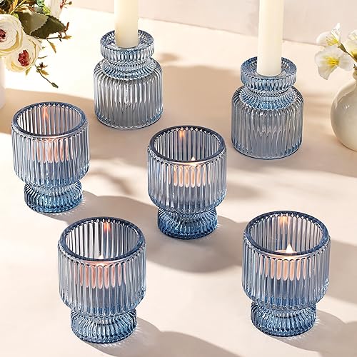 DARJEN 6 portavelas de vidrio azul con rayas verticales, forma irregular, doble uso para velas cónicas y velas votivasde té, portavelas para mesa de