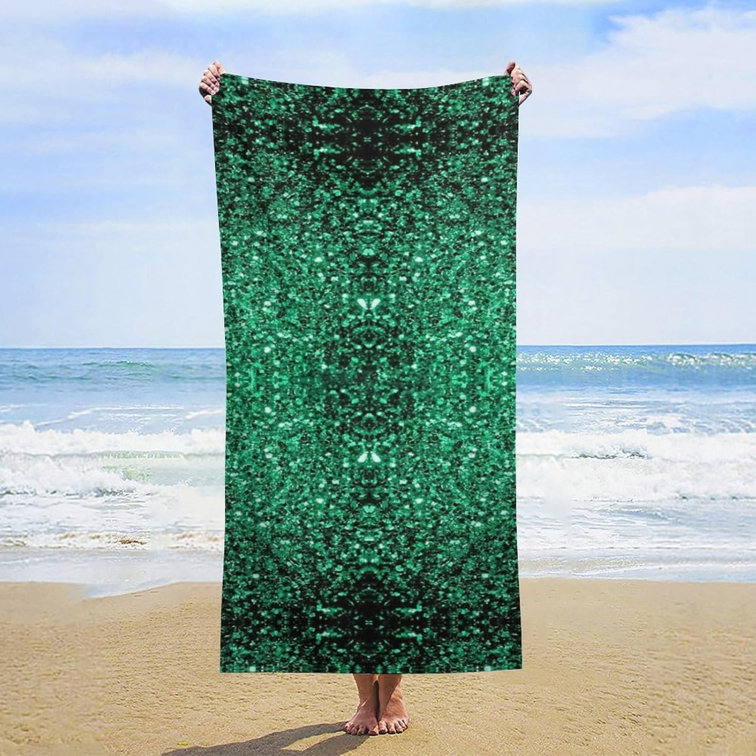 Beautiful Emerald Green Glitter Sparkles Bath Towels Oversized Bathroom Towel Beach Towel Yoga Towel for Hotel Guest Spa Gym