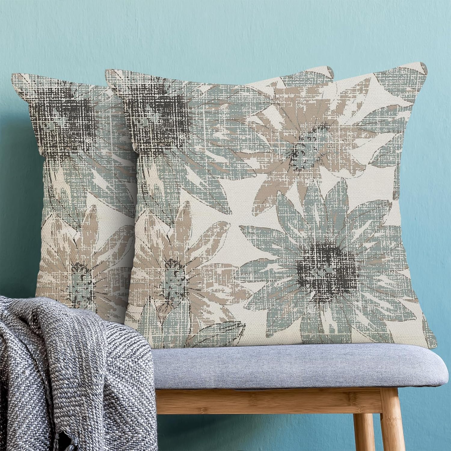 BETGINY Aqua Teal Pillow Covers 18x18, Brown Vintage Sunflower Outdoor Decorative Throw Pillows for Couch, Retro Floral Decor Cushion Cover 2 Pcs Soft Farmhouse Square Pillowcase for Bed Safa image 2