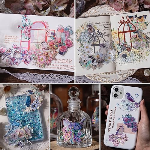 Miniatura 4 de LakoArt 120 calcomanías de pájaros y flores con borde holográfico plateado y fondo transparente, calcomanías de álbum de recortes de naturaleza para