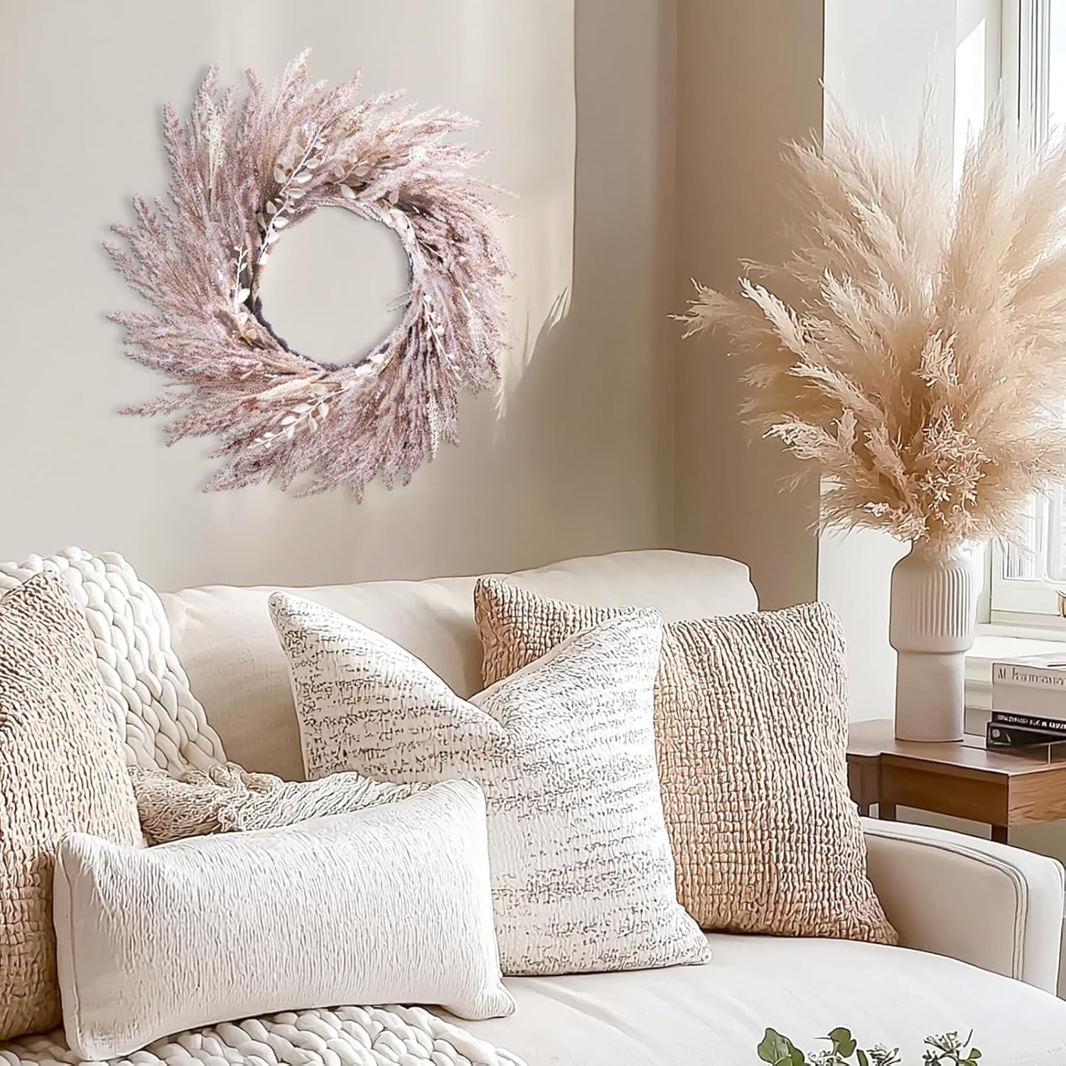 DN DECONATION Fall Wreath for Front Door, 24 Inch Beige & White Pampas Grass Door Wreath Hanging Decoration, Boho Farmhouse Wall Decor for Fall Autumn Harvest Thanksgiving Outdoor Porch Decor - Image 5