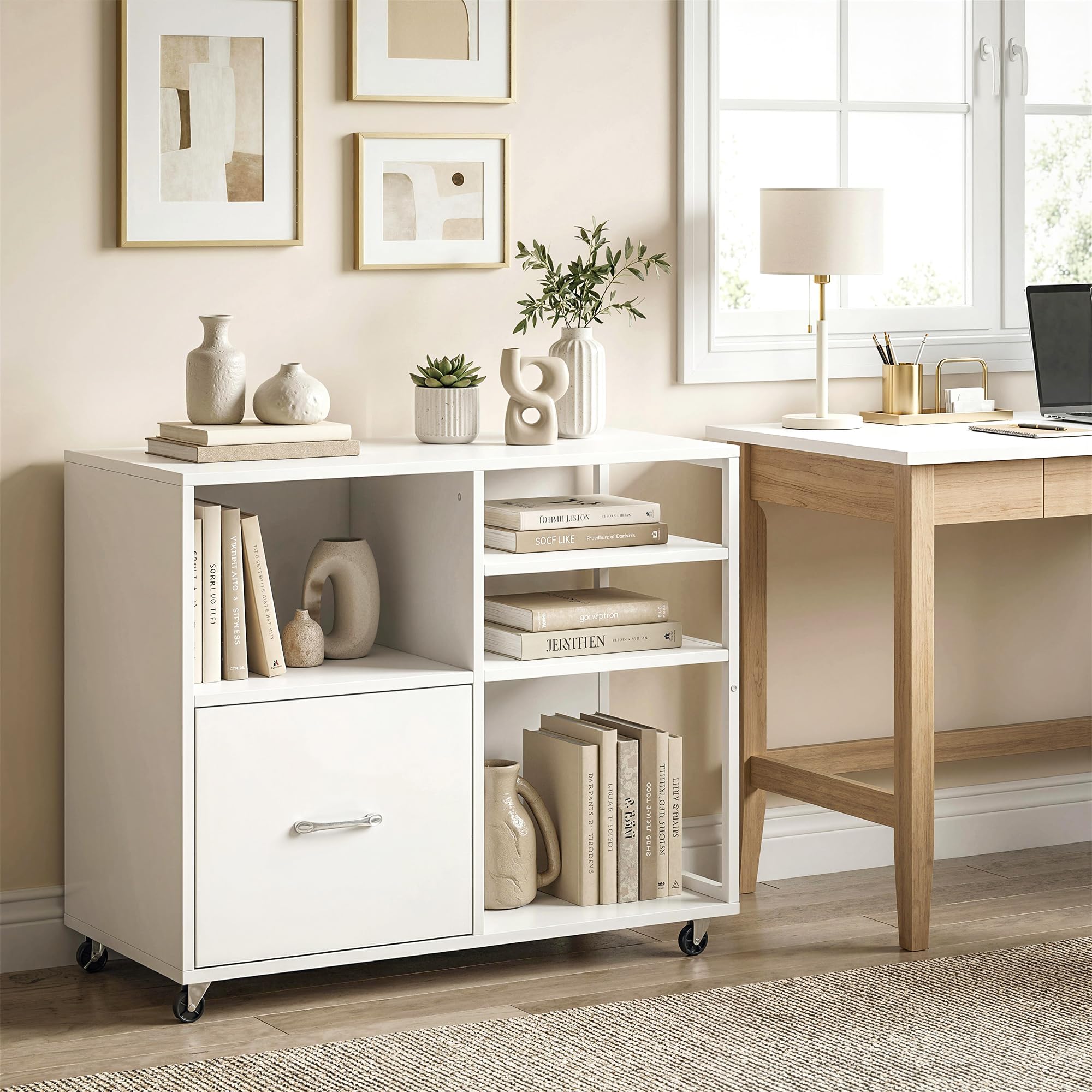 HOMCOM Mueble para Impresora con Ruedas, Mesa para Impresora con Estantes Abiertos y Cajón para Documentos Tamaño A4 y Carta, Archivador Móvil para Oficina en Casa, Blanco