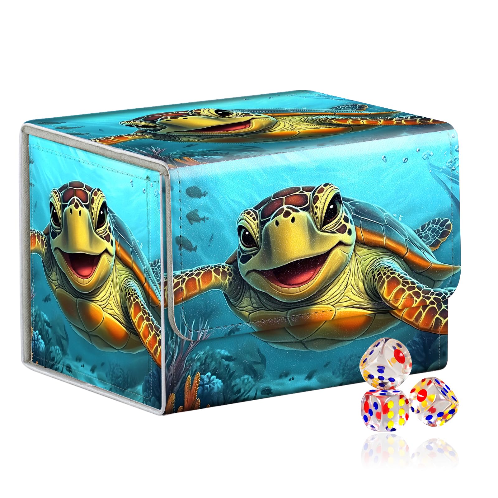 VOGDMKJG Trading Card Deck Box Fit 100+ Single Sleeved Cards,PU Leather Magnetic Closure Card Storage Box With 3 Dice For MTG/TCG/PTCG/Magic/Sport Card Storage Case Horizontal Design Turtle
