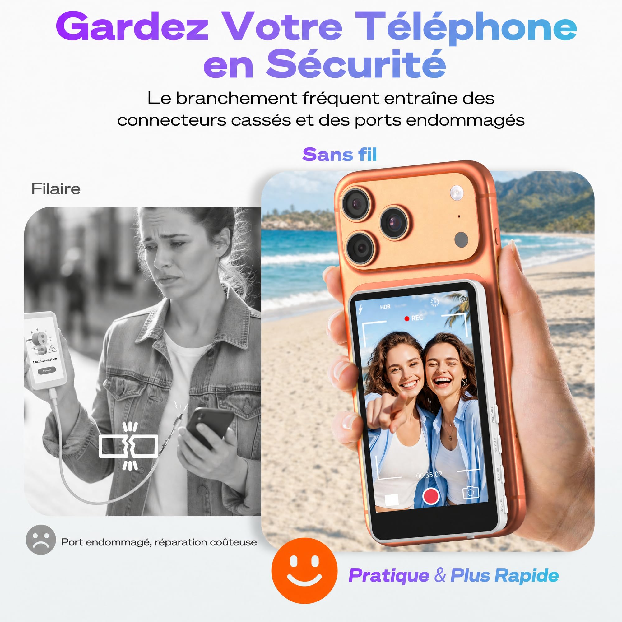 SYNCO XView Monitor Selfie Vlog pour iPhone 7-17 - Écran Selfie Magnétique sans Fil 1080p pour Vlog, Utilise Caméra Arrière, 50m, 3h, Haut-Parleur pour Live Youtube/TikTok (Blanc)