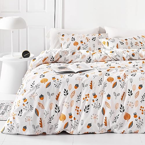 YuHeGuoJi Juego de funda de edredón floral negro y blanco tamaño Queen, 100% algodón, funda de edredón botánica naranja, juego de 3 piezas, 1 funda