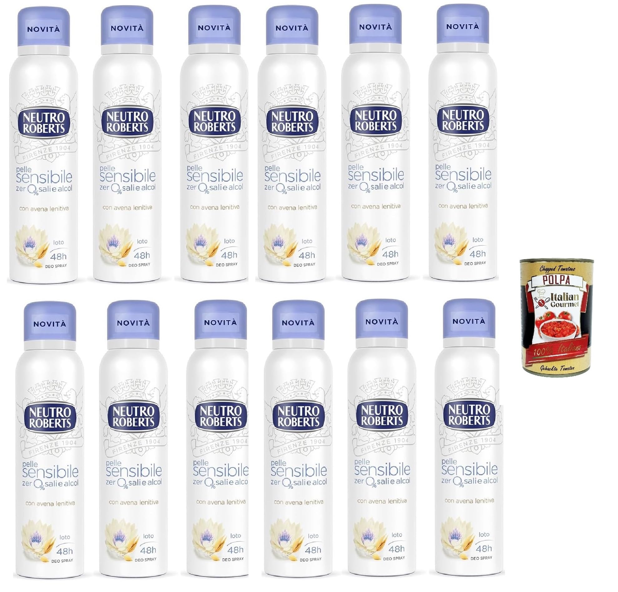 Italian Gourmet Deodorante Spray Avena 12 x 150ml Deospray 48h sensibel | Fiore di loto, senza alcool e sali di alluminio, sanft zur empfindlichen, Gesamtnettogewicht 1,8 L + Kostenlos Polpa 400g