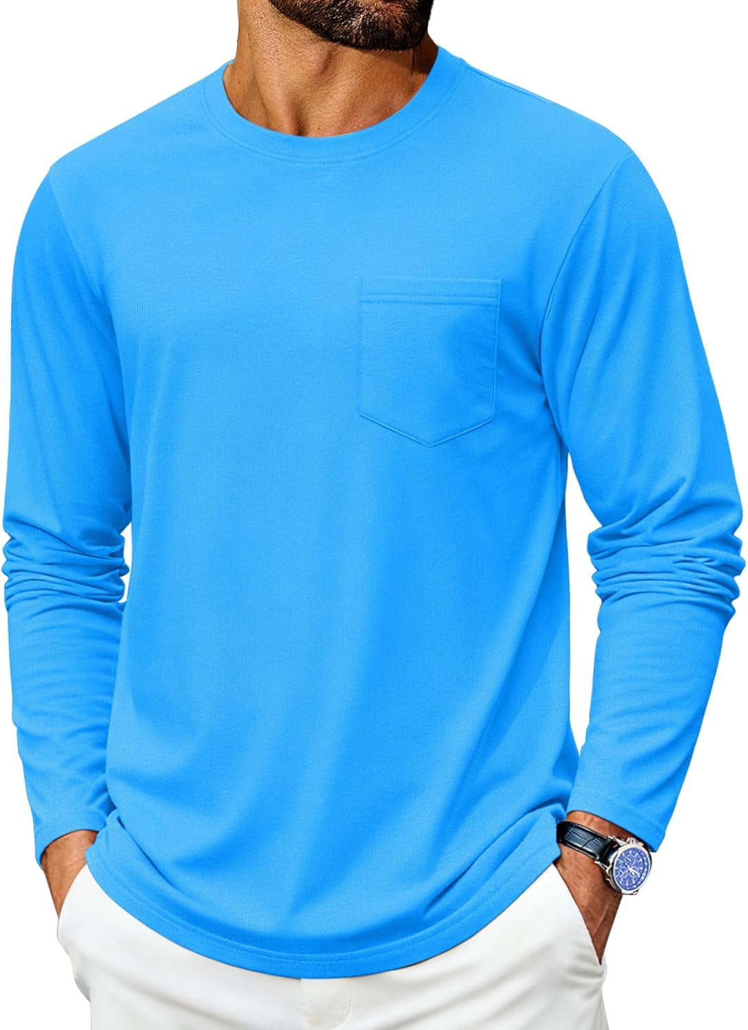 Long Sleeve Shirts for Men Cotton Crew Neck Pocket T Shirts for Men Breathable Moisture Wicking Tee Shirts Azure L