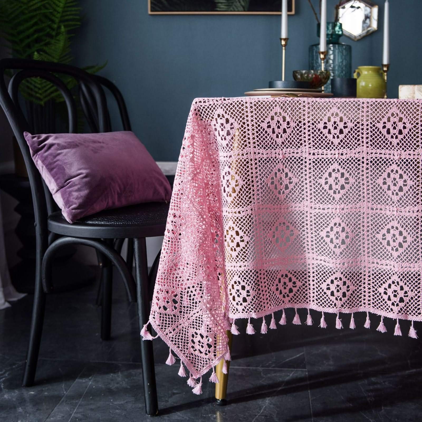 Nappe Table 140x220 cm en Coton, Rose, Nappe Rectangulaire Motif Carreaux Ajouré Style Américain, Toile de Fond Décoration