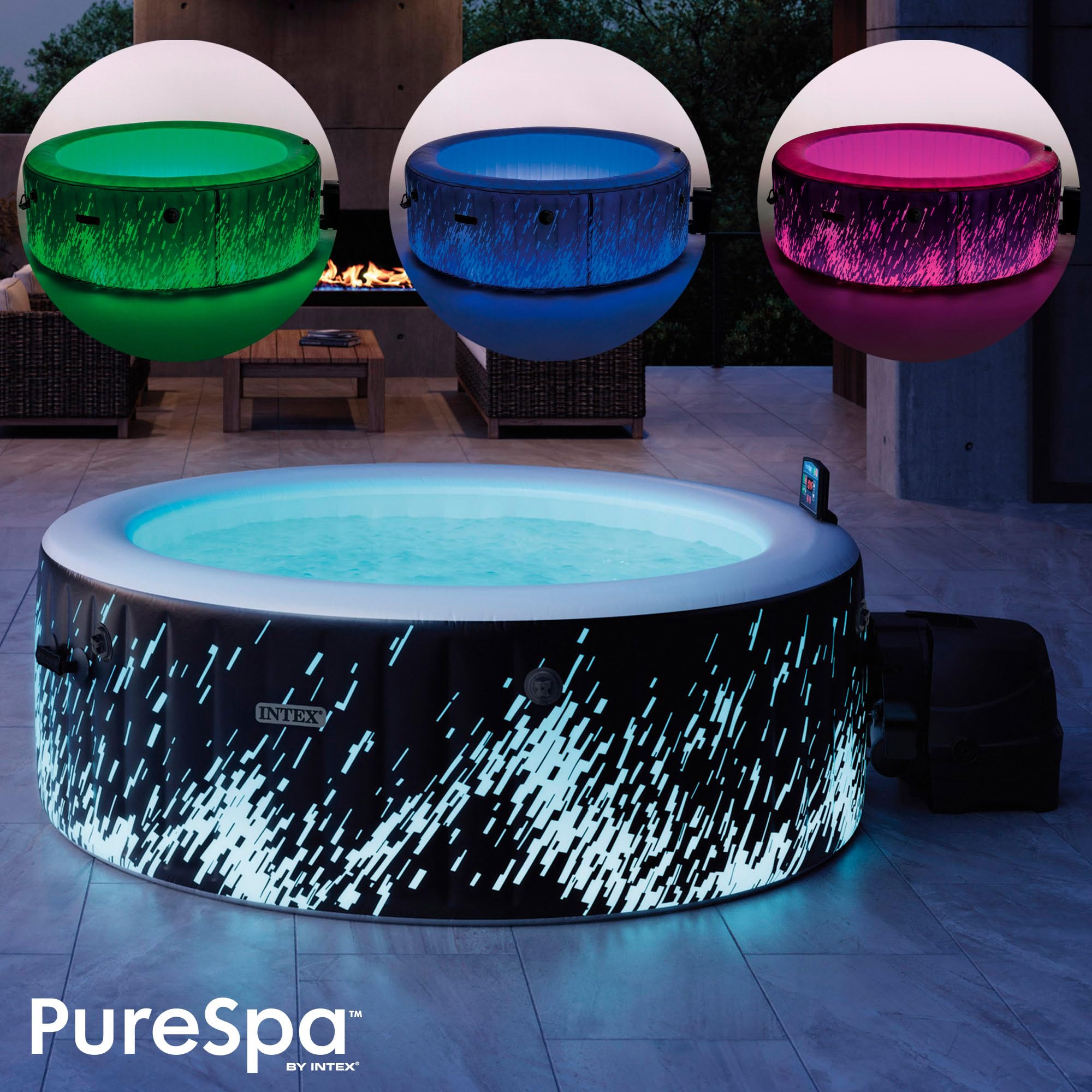 INTEX PureSPA Bubble Glow Deluxe In- & Outdoor Whirlpool aufblasbar für 4 Personen mit Ambientelicht (196x71cm) Wasserenthärtungs- & Salzwassersystem - 140 Massagedüsen - 2200 W Heizsystem (28494NP)