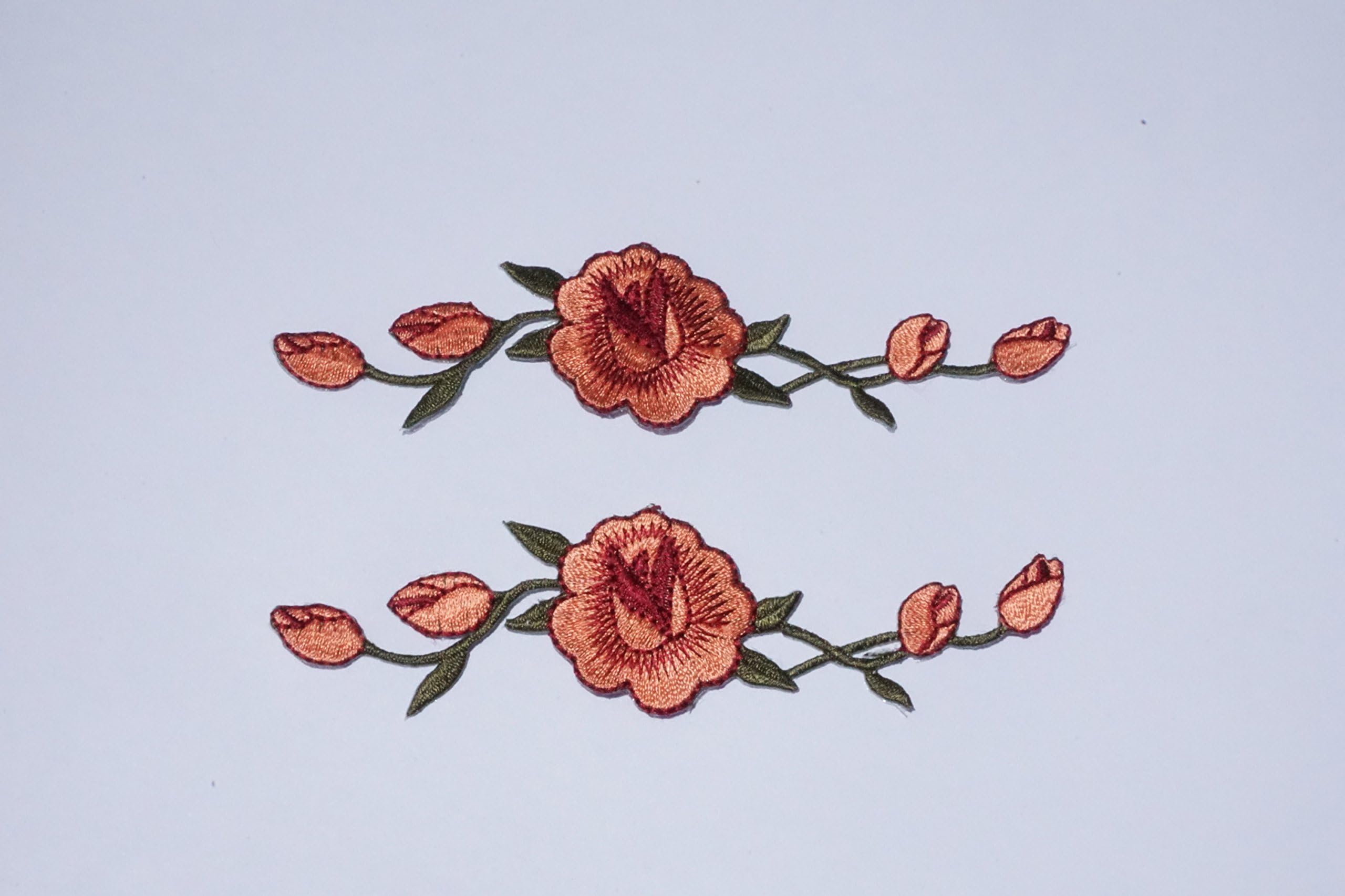 [1 Pair] Simple Valley Custom and Unique (1 1/8" by 4 3/4" Inches) Blooming Roses on Vine Iron On Embroidered Applique Patch (Pink and Green)