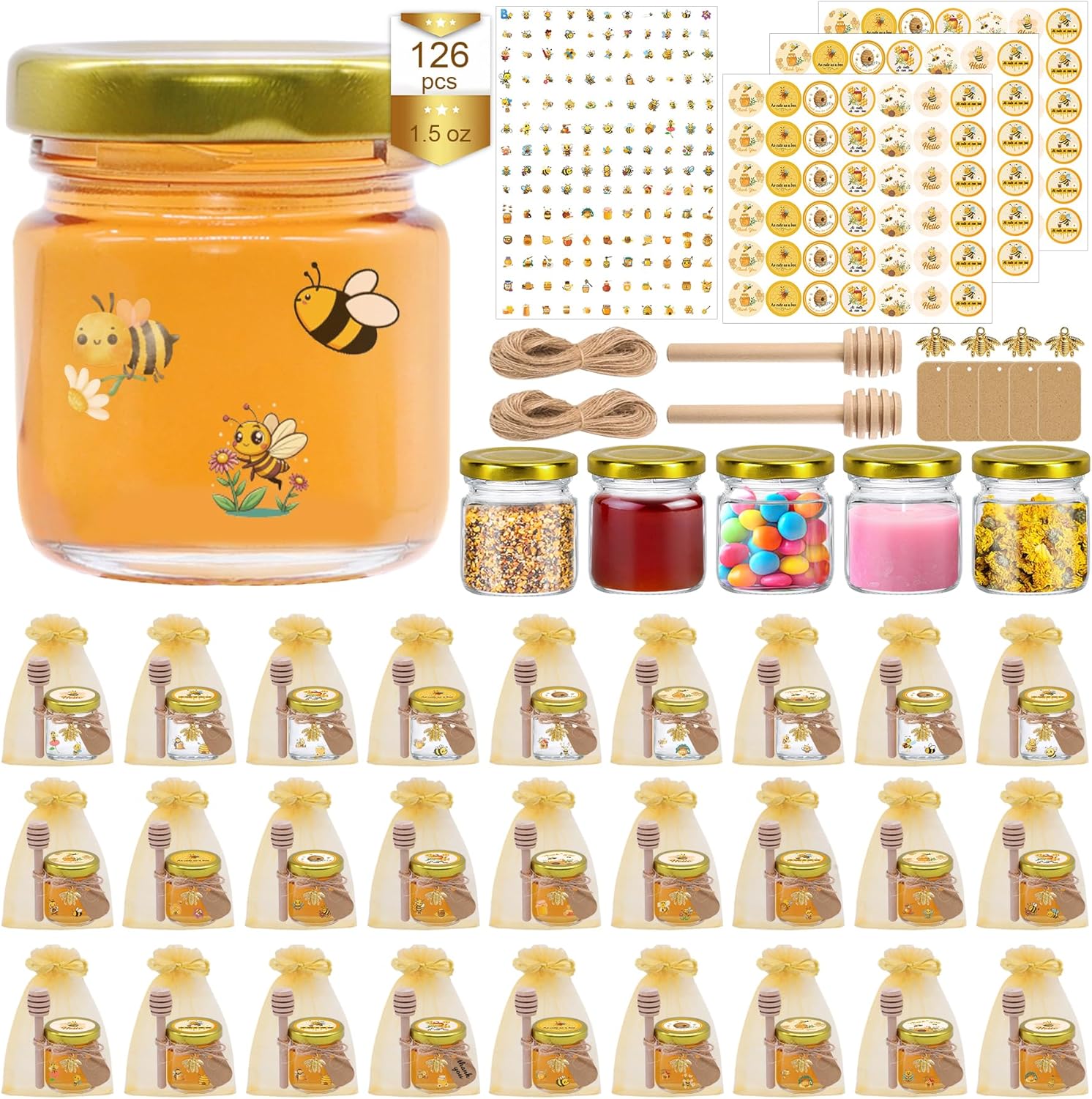 70 Pack 3 oz Mini Hexagon Glass Honey Jars with Dippers, Gold Lids, Bee Stickers, Bee Charms, Gift Bags & Jute– Empty Small Honey Jars for Party Favors Bulk, Ideal for Baby Showers ＆ Weddings